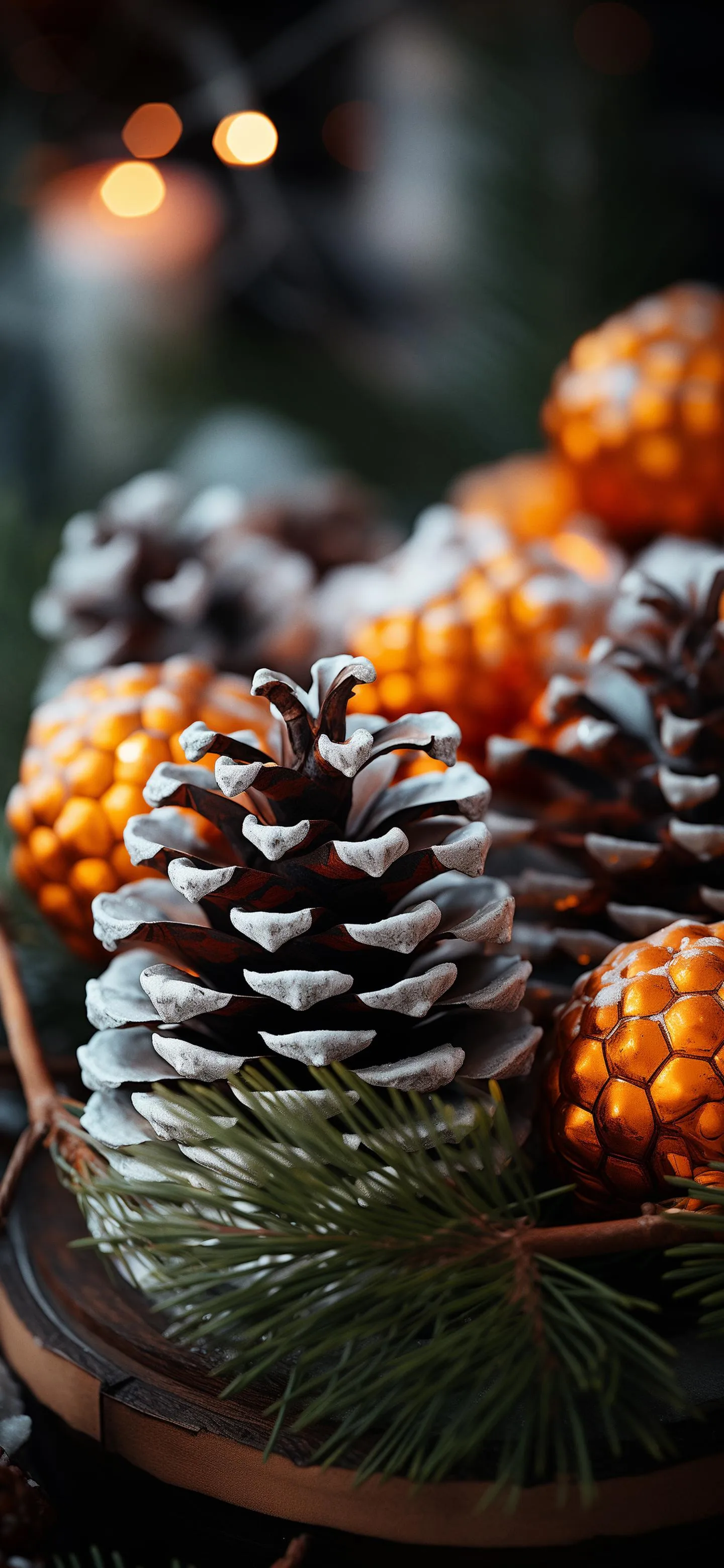 Closeup of Pinecones with Snow and Green Pine Needles