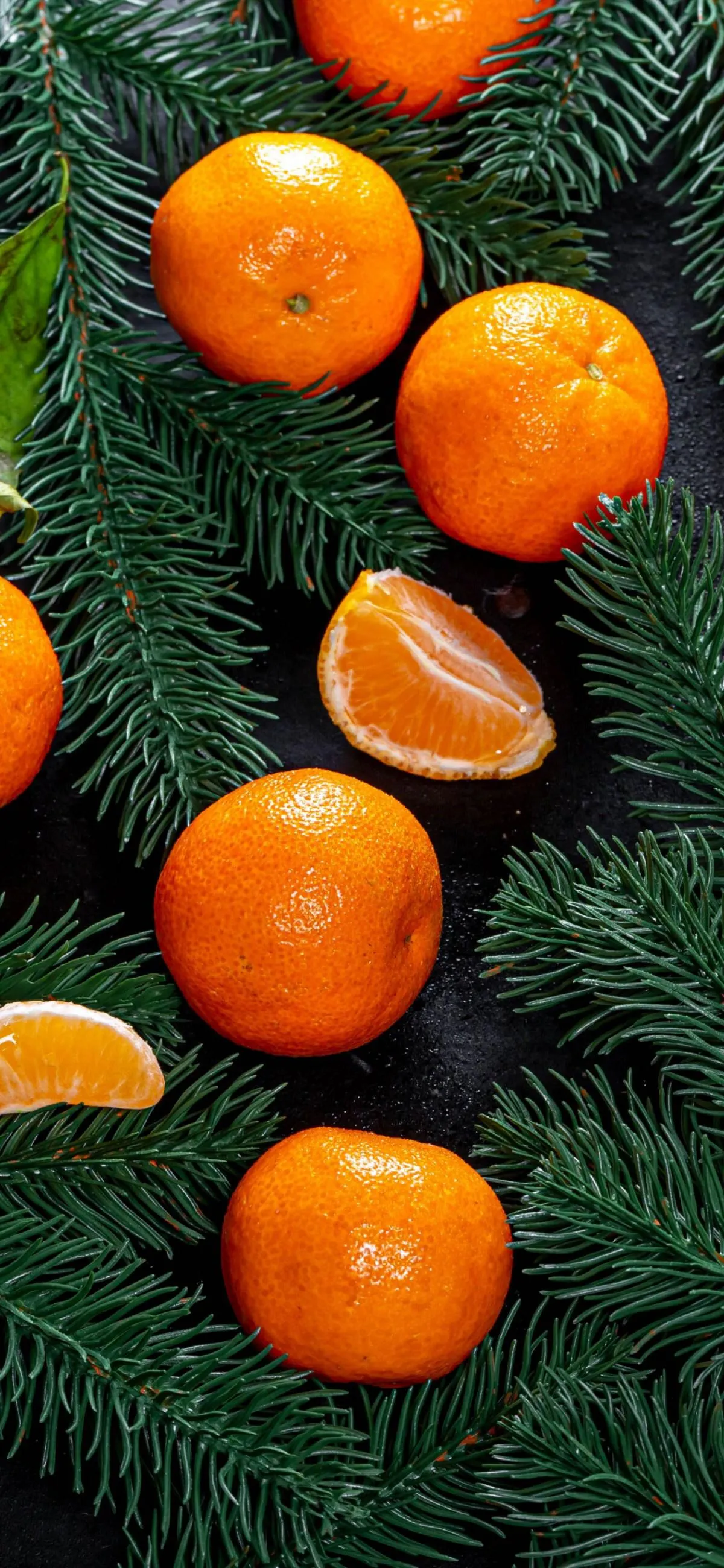 Closeup of Tangerines and Pine Leaves Arrangement Wallpaper