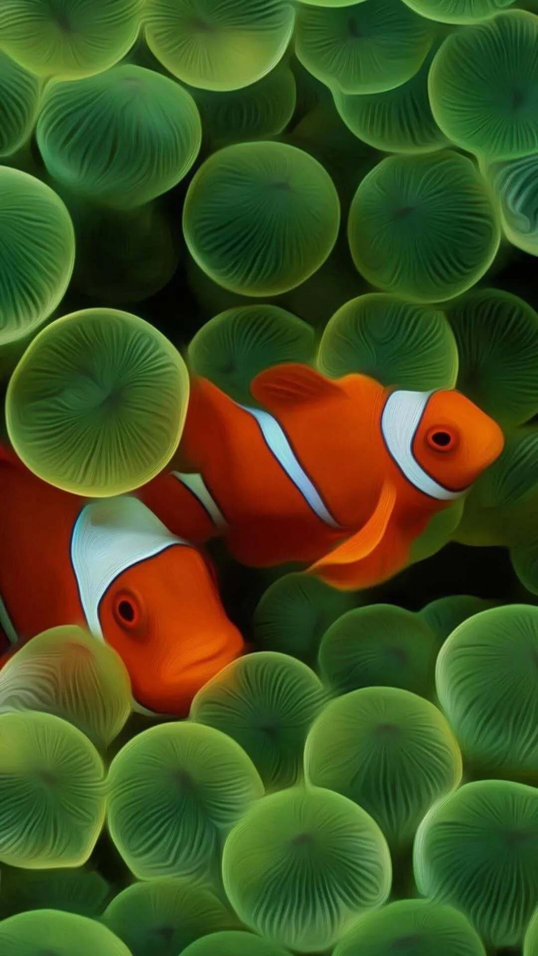 Clownfish hiding in green coral with vivid contrast HD image