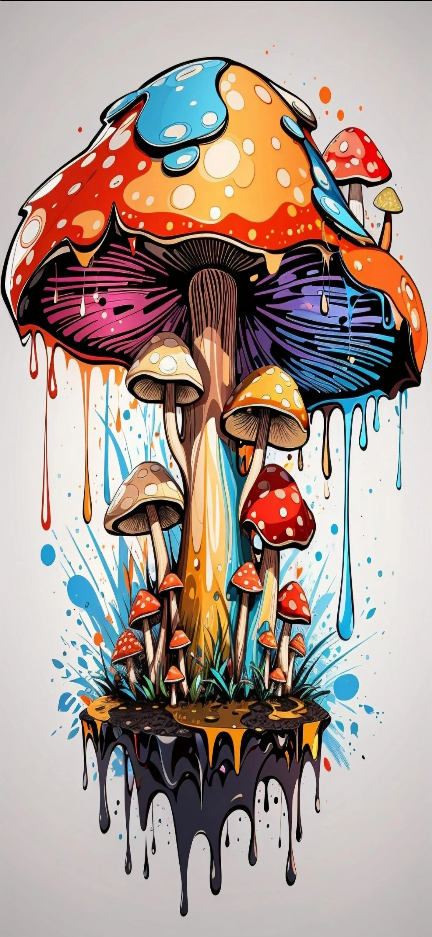 Colorful artistic mushroom with abstract paint drops