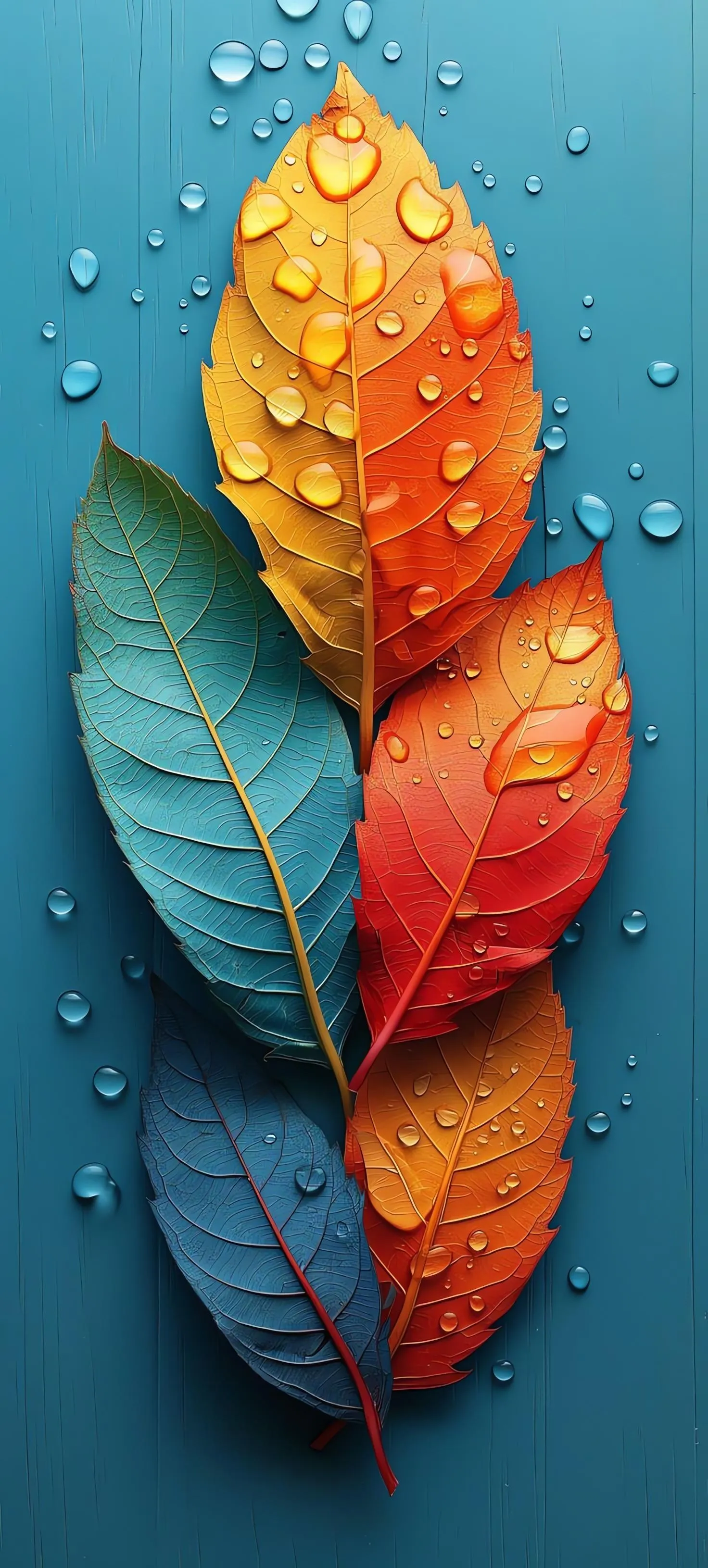 Colorful Autumn Leaves with Water Droplets on Blue Wallpaper