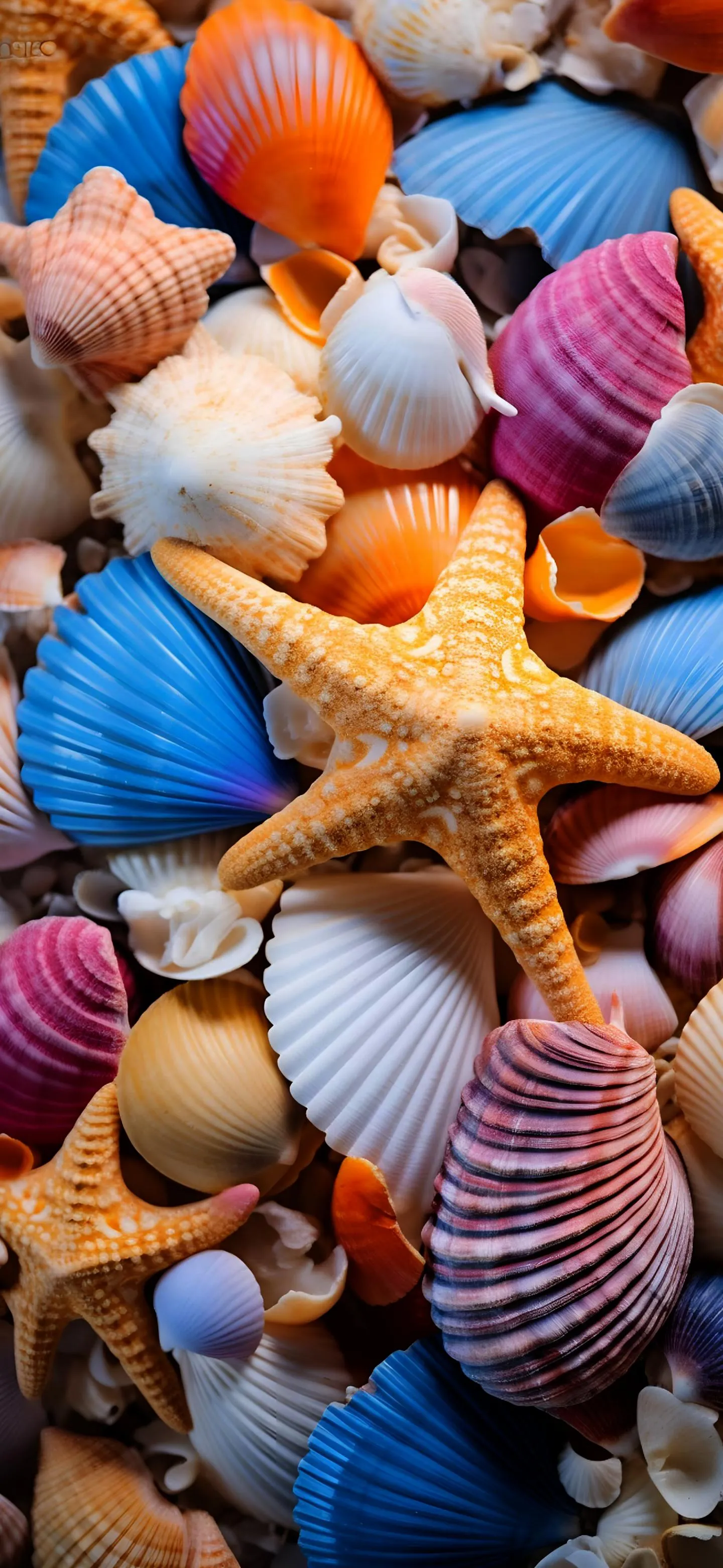 Colorful Beach Shells and Starfish on Sandy Background