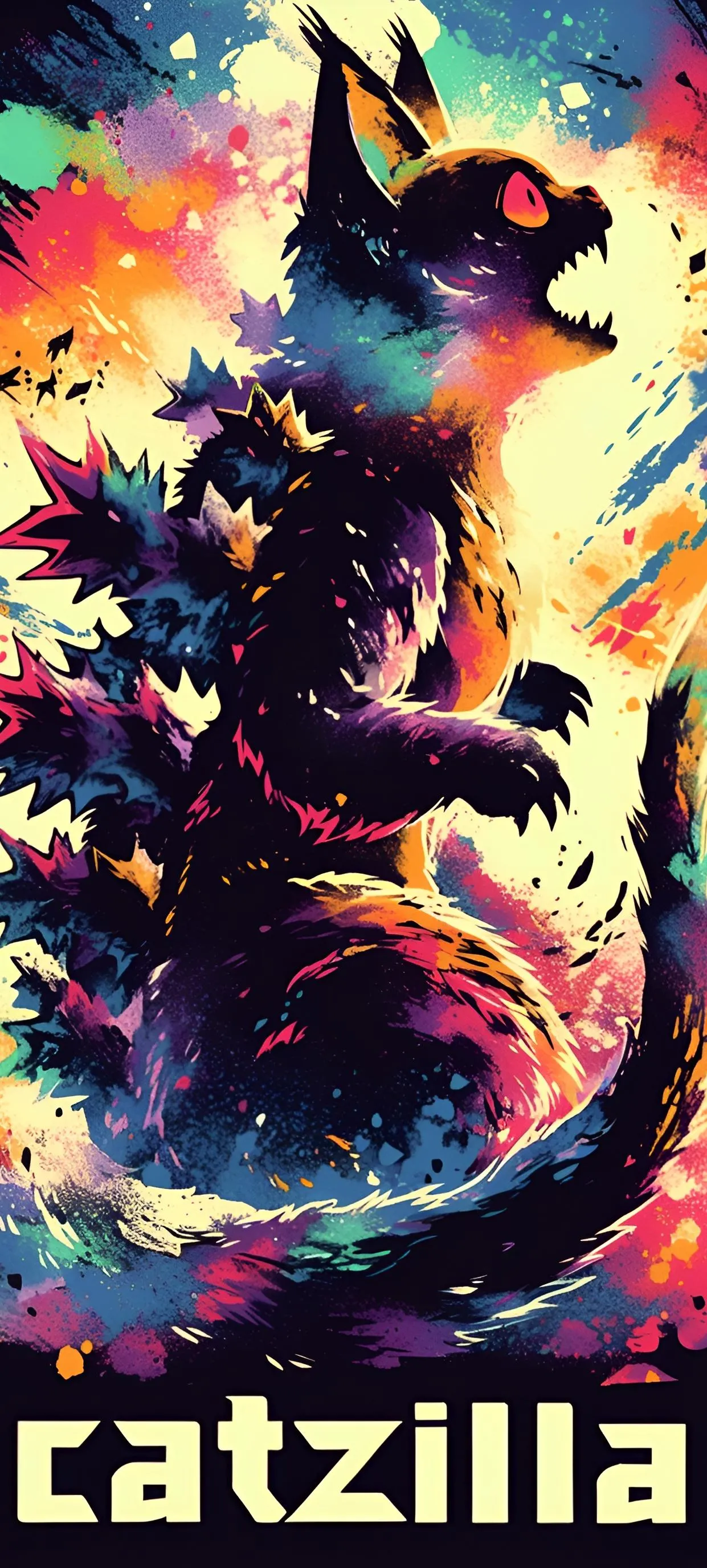 Colorful Catzilla Poster with Fire and Retro Comic Vibes