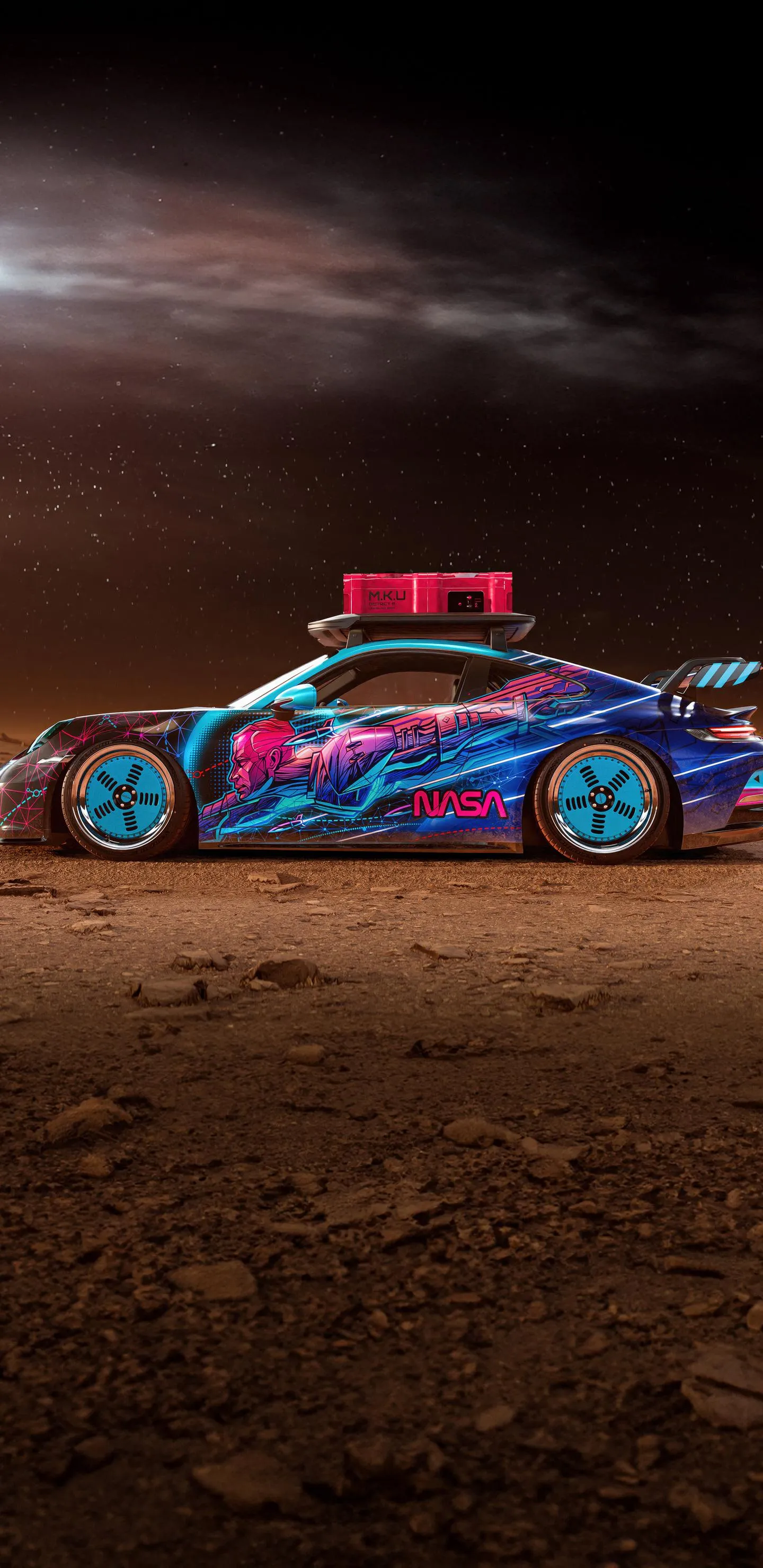 Colorful Custom Car on Dirt Road Under Dark Stormy Sky Mobile