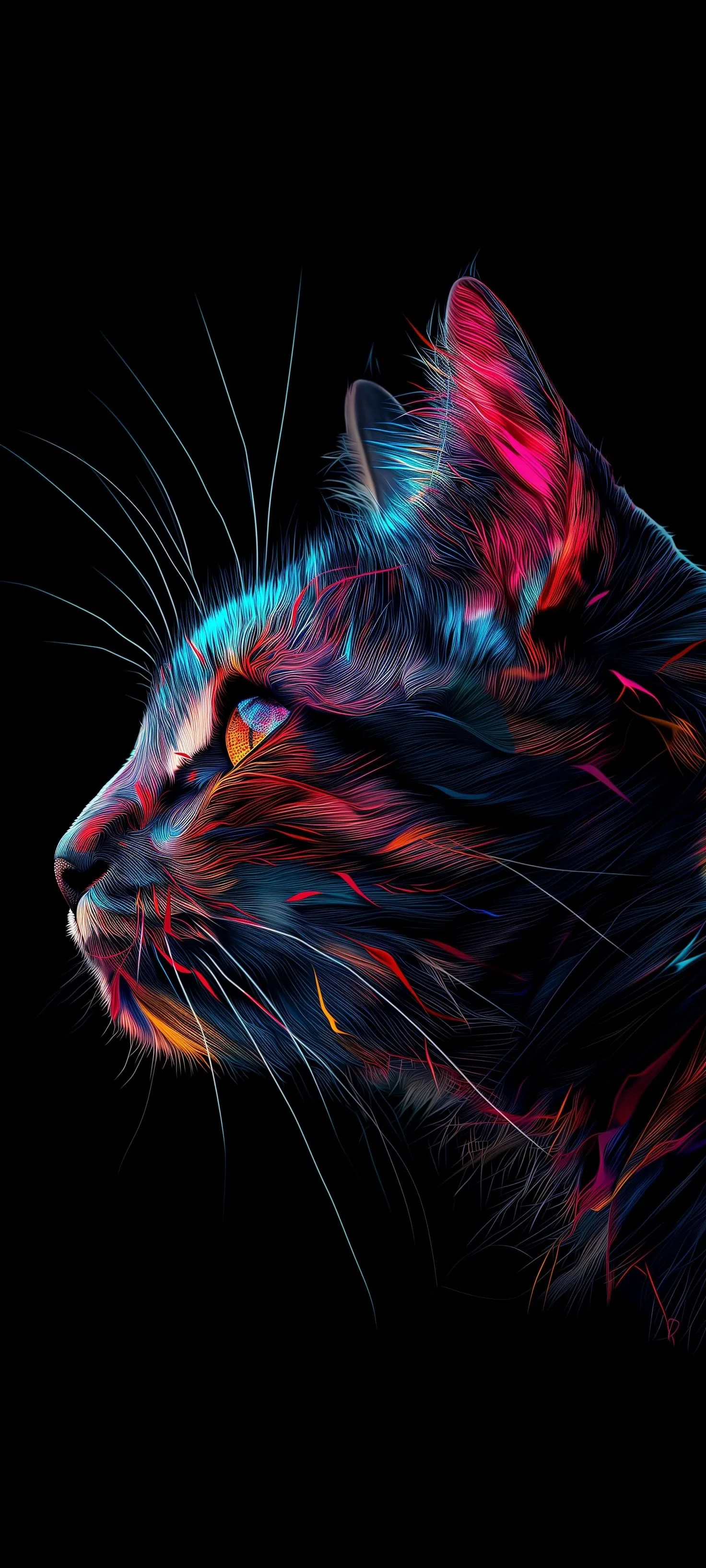 Colorful Neon Cat Profile with Abstract Light Effects