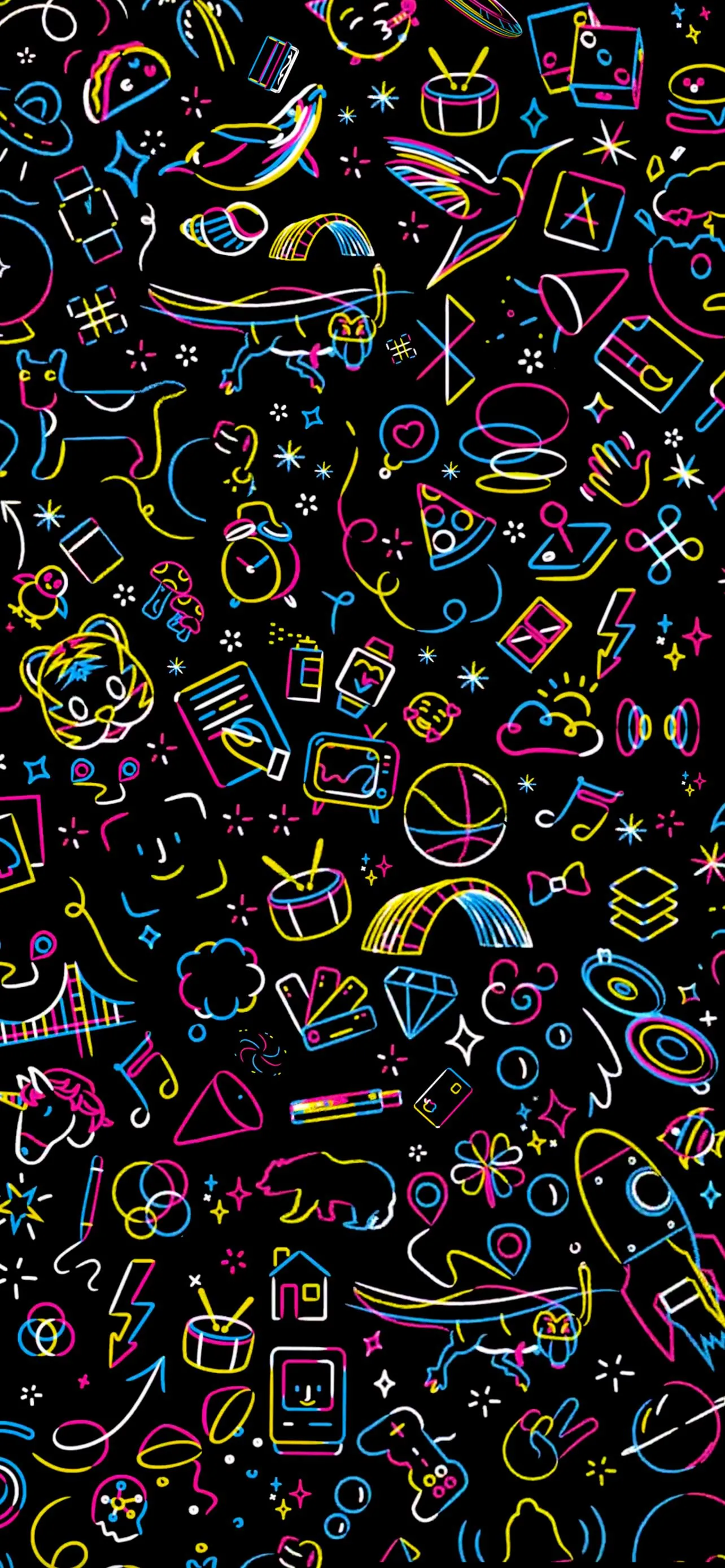 Colorful Pattern of Doodles on Black Seamless Surface