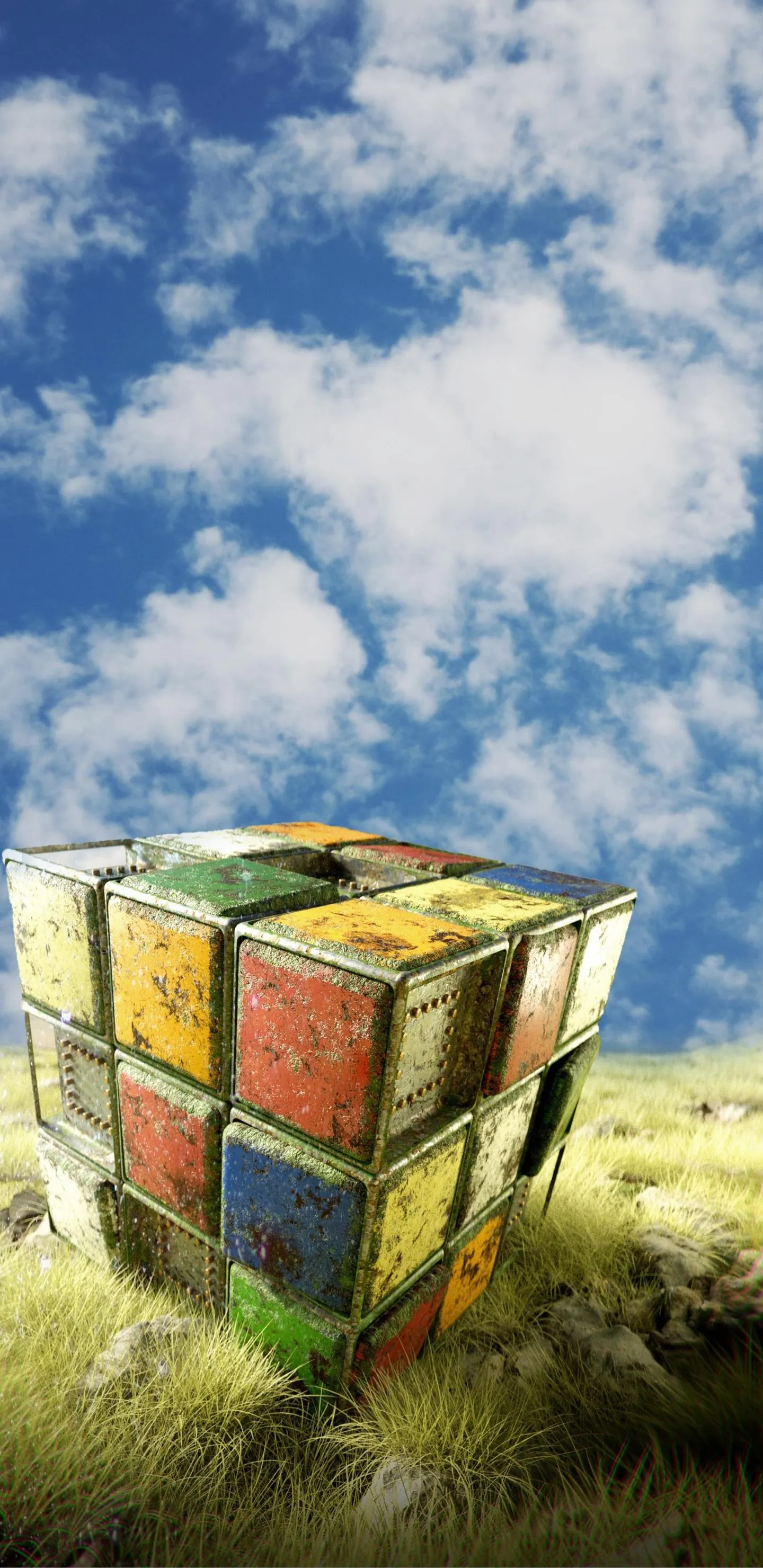 Colorful Rubik Cube with Clouds and Mountains Background