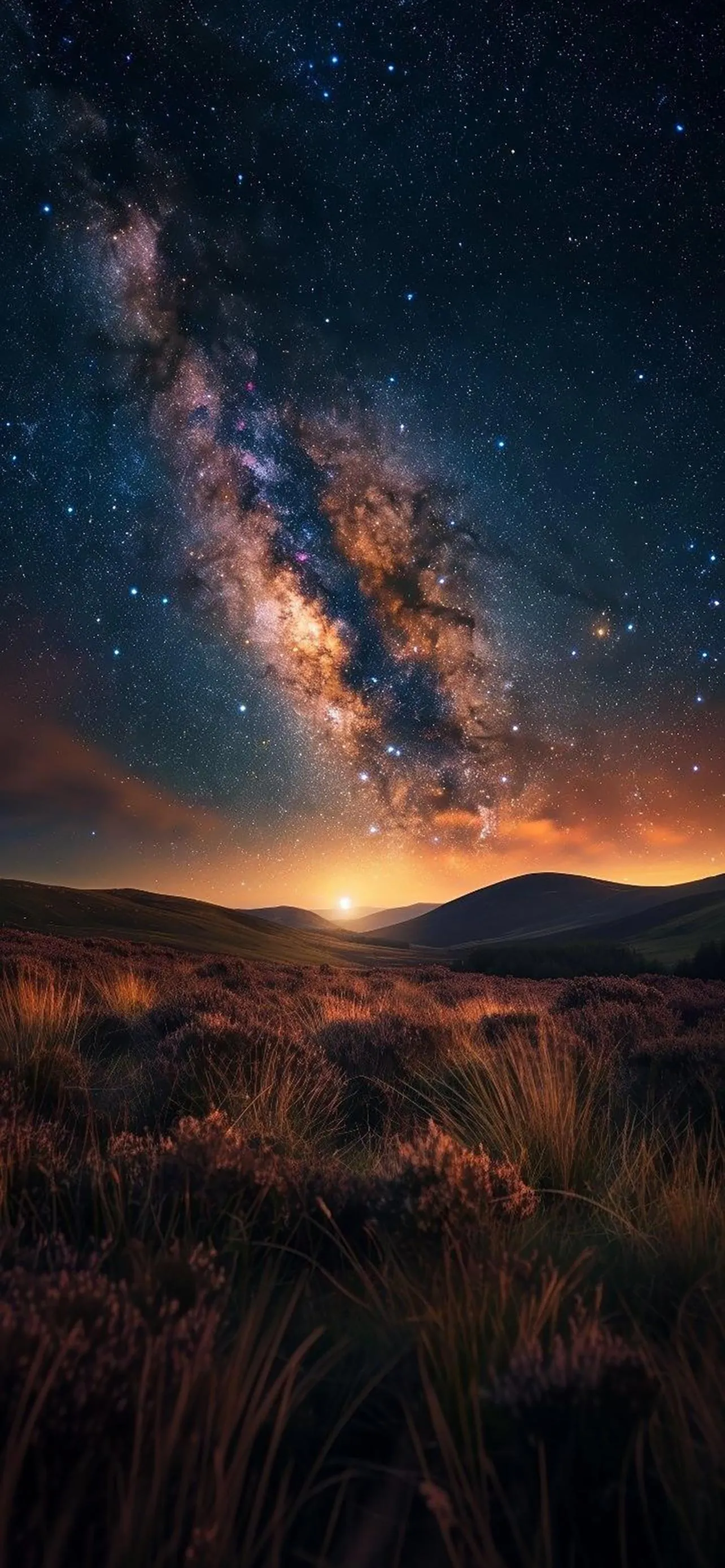 Colorful Starry Sky Over Grassland at Night Wallpaper