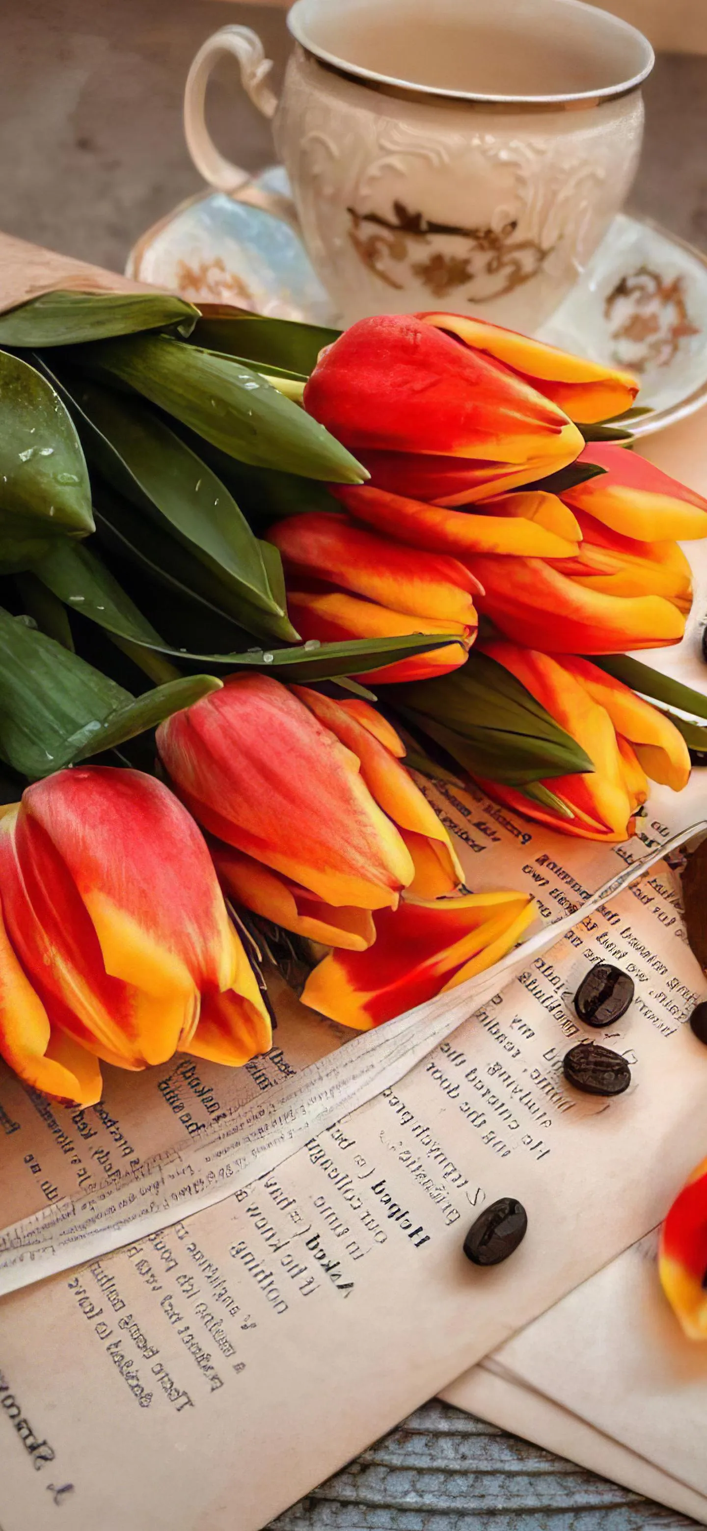 Colorful Tulips and Old Sheet Music on Table Mobile