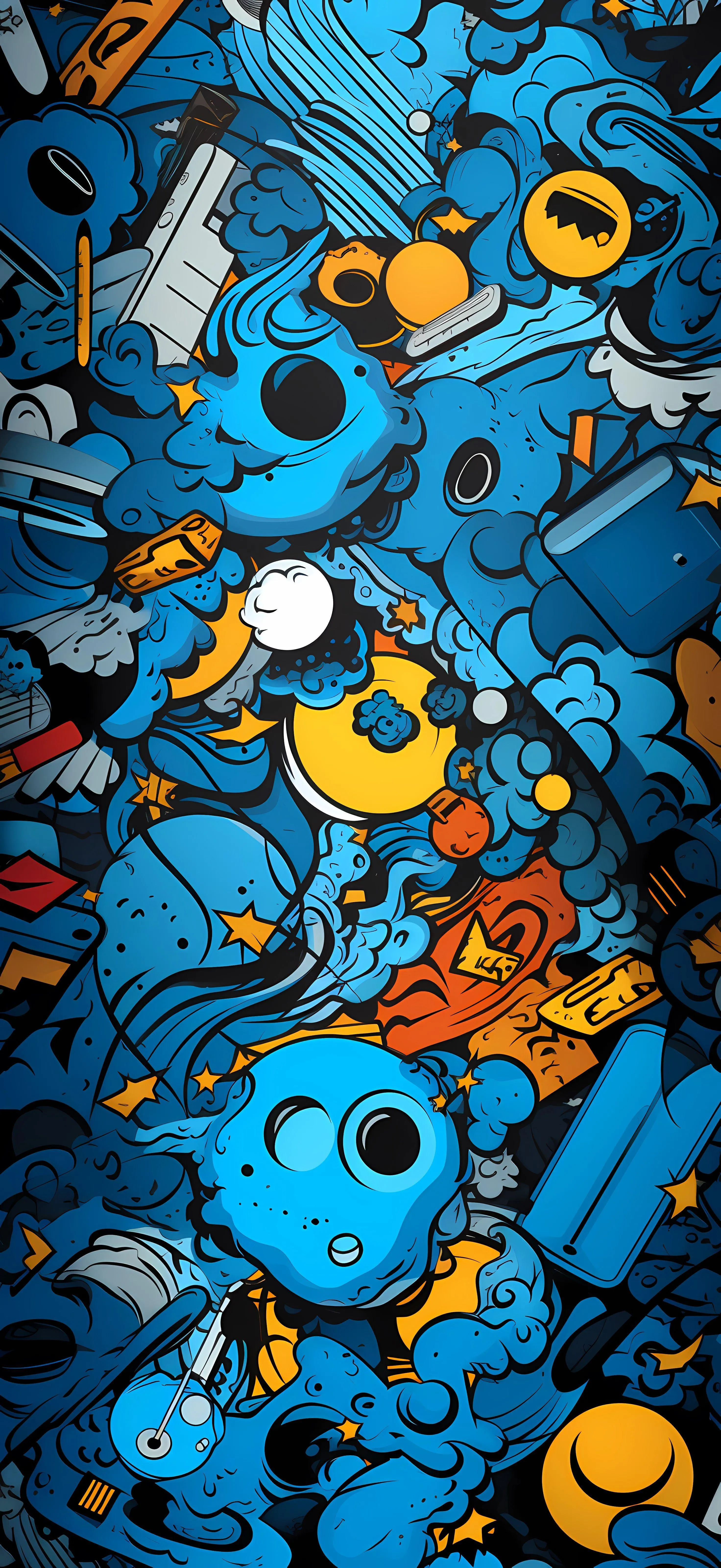 Colourful cartoon pattern full of playful blue characters