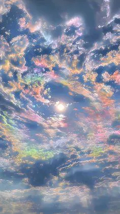 Colourful clouds with rainbow light and sky reflections