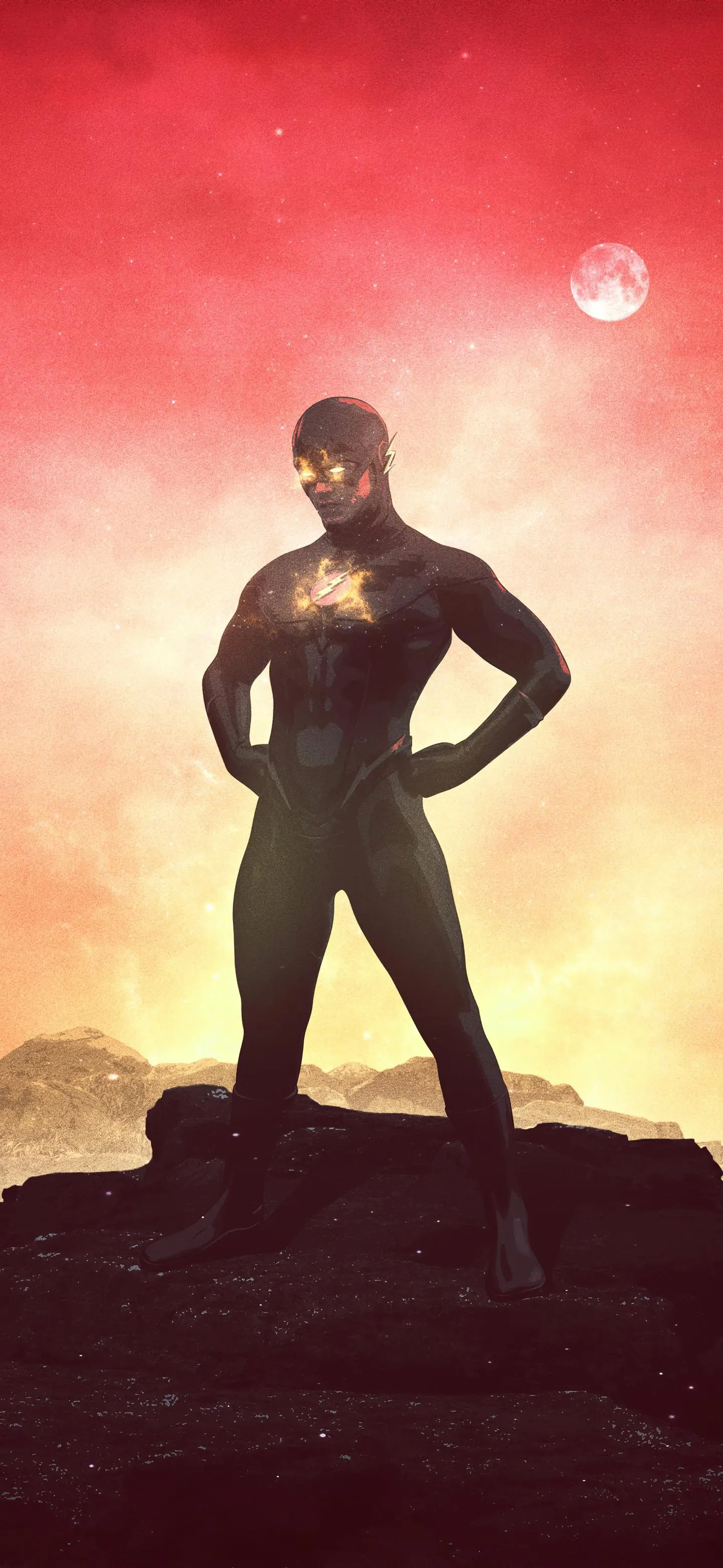 Cosmic Superhero Standing Boldly Beneath the Red Moon Sky