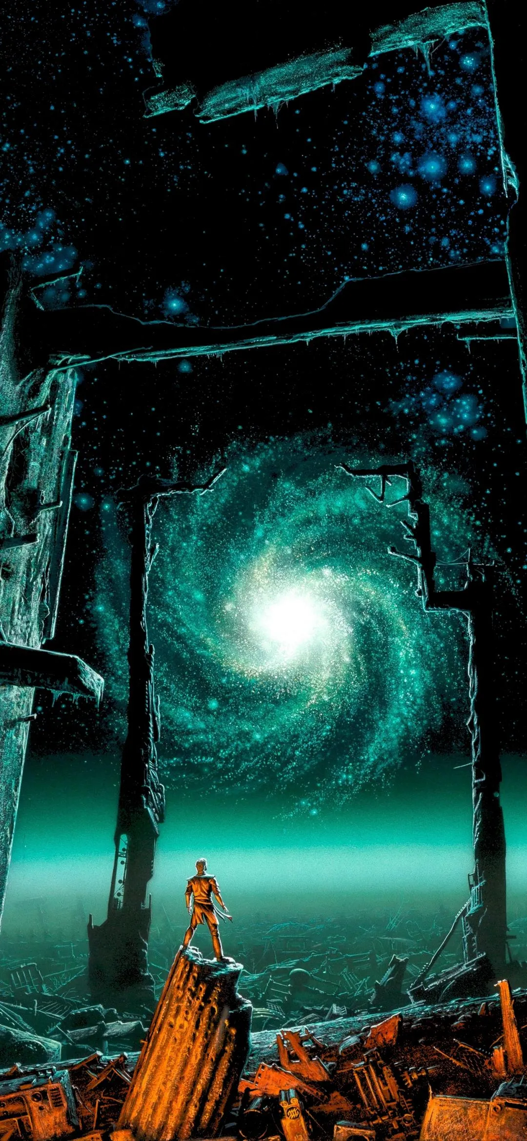 Cosmic Swirl with Blue Galaxy and Lone Silhouette Wallpaper