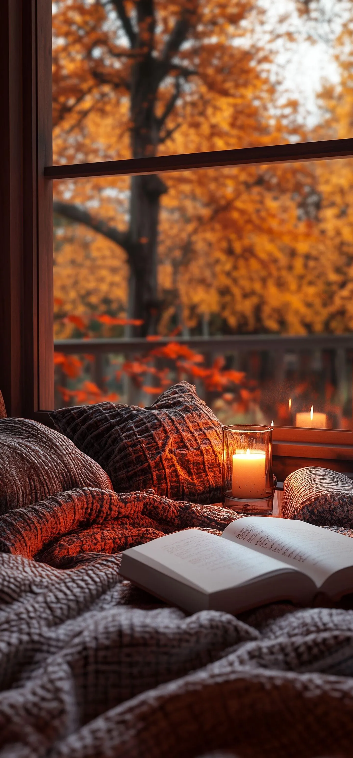 Cozy Autumn Bedroom with Warm Lighting and Decor Wallpaper