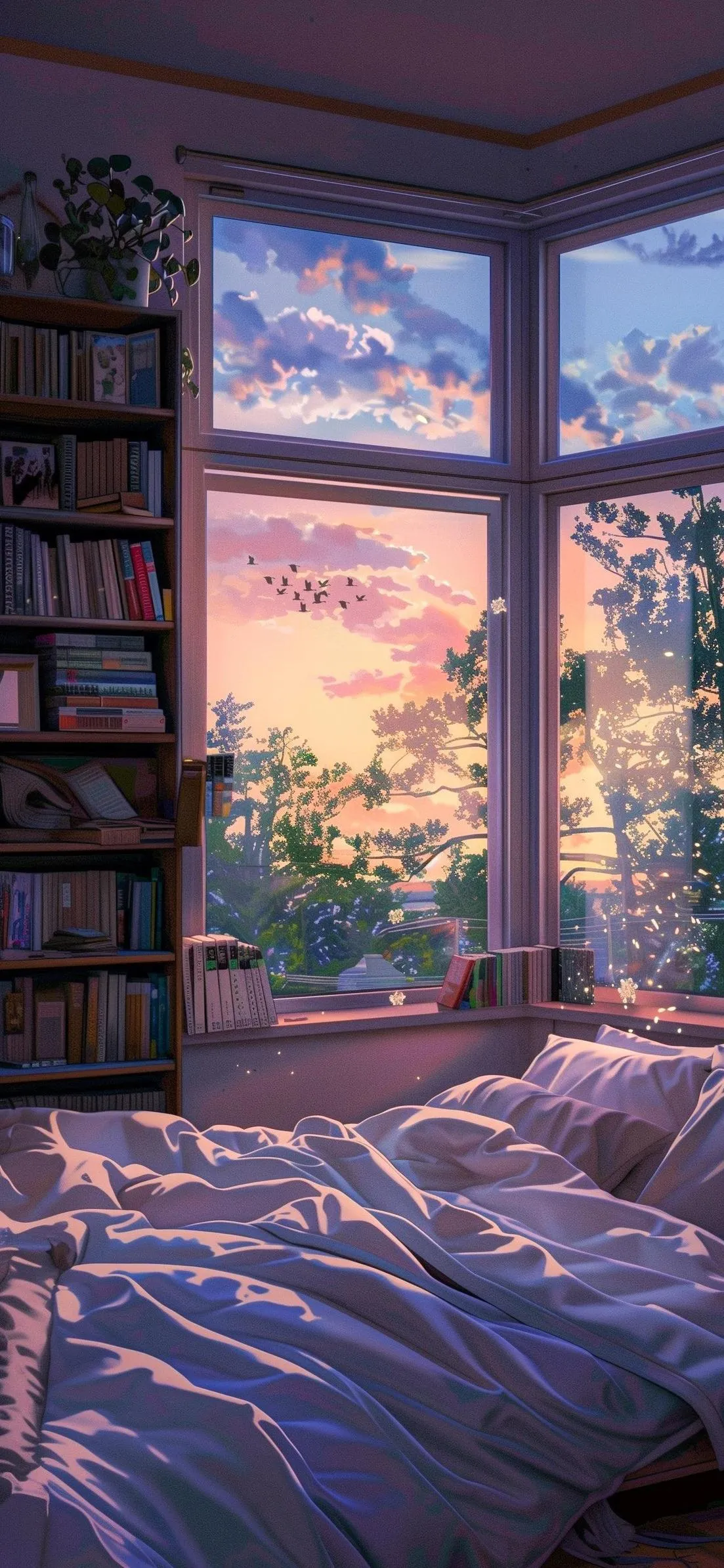 Cozy Bedroom with Bookshelf and Warm Sunlight Glow Wallpaper