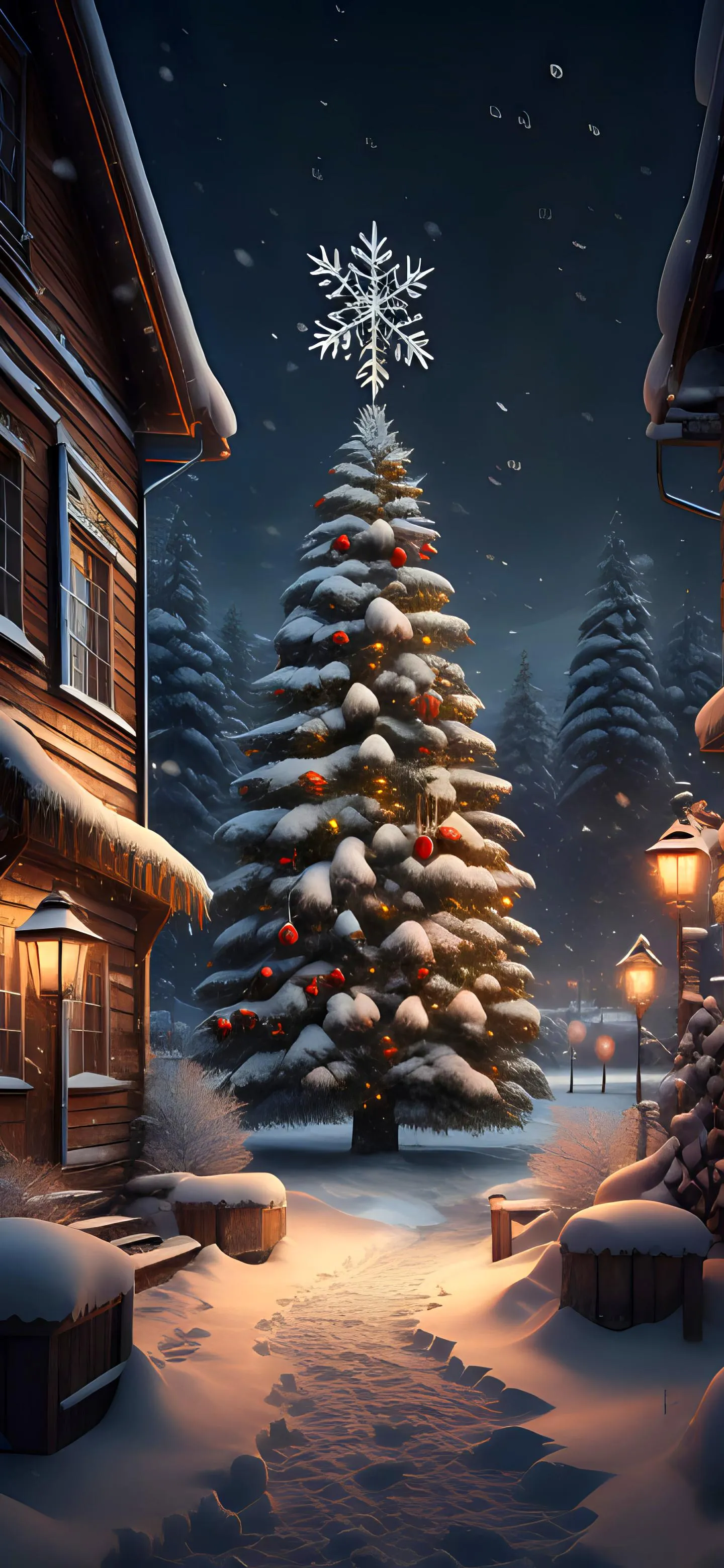 Cozy Christmas Street with Tree and Lights at Night