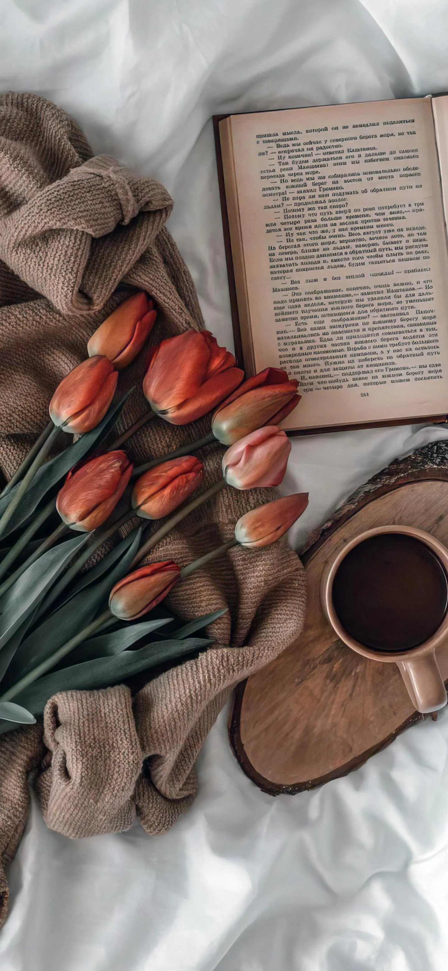 Cozy Cup of Coffee with Tulips and Open Book on Bed
