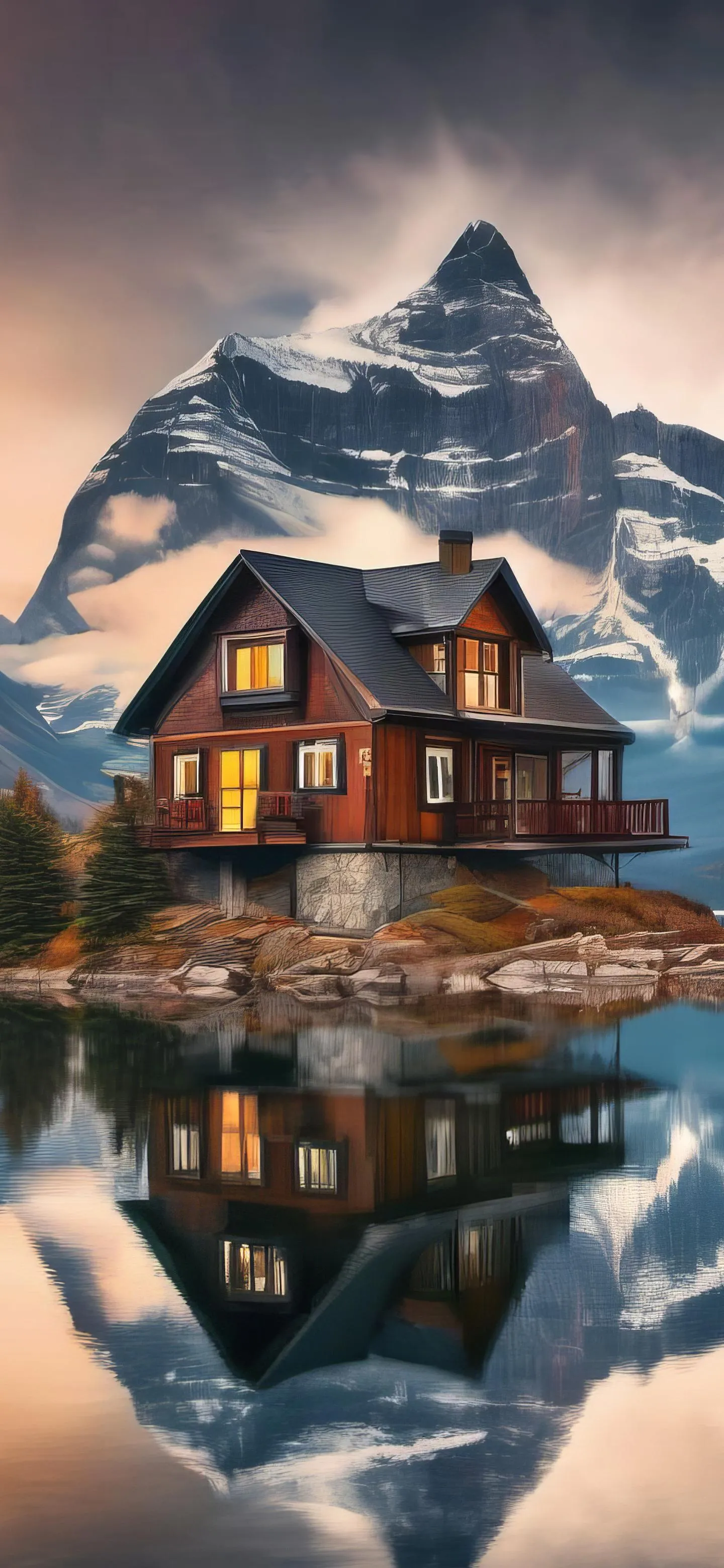 Cozy mountain cabin reflected in calm lake water Wallpaper