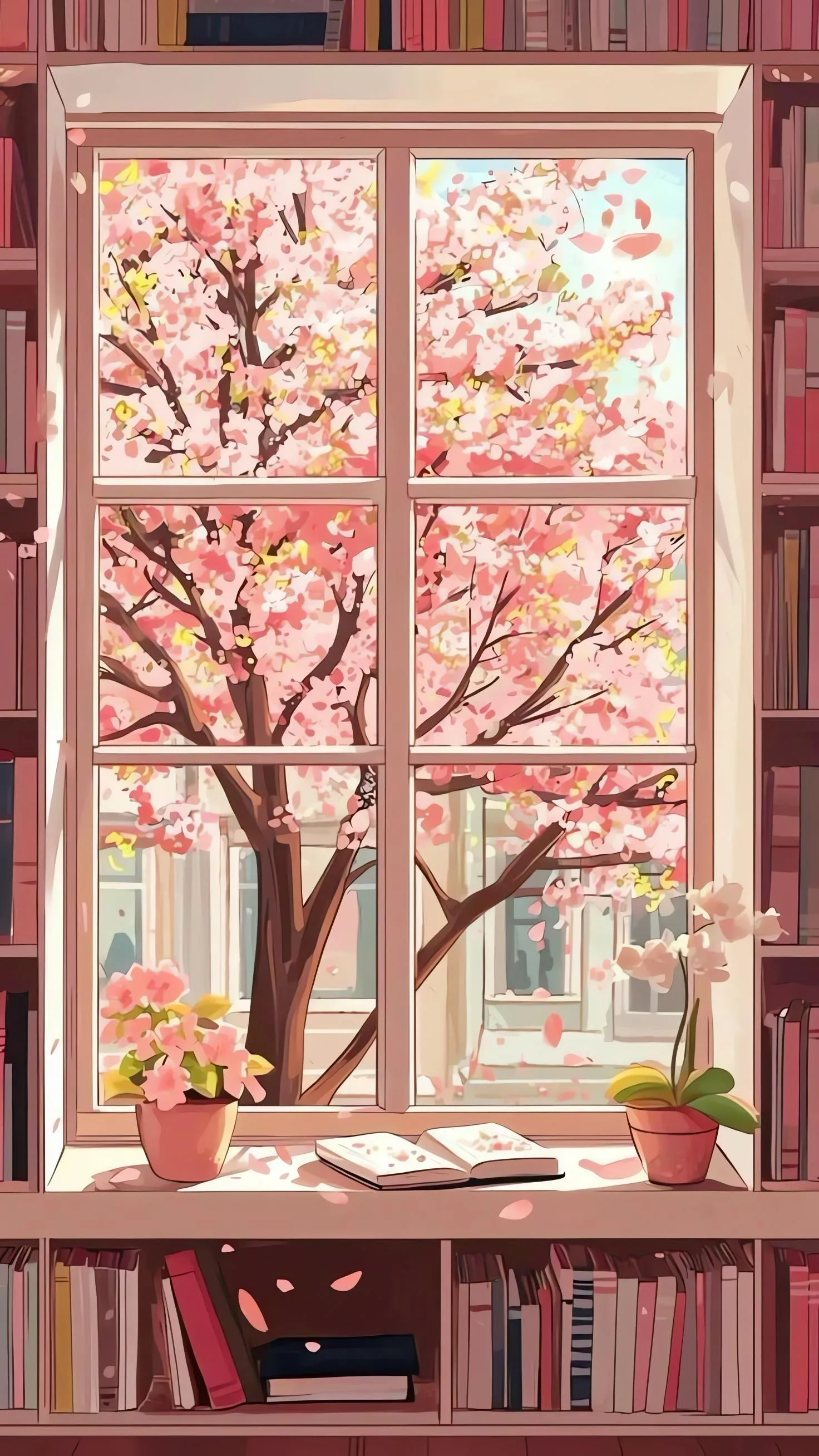Cozy room Scene with Cherry Blossoms Through Window