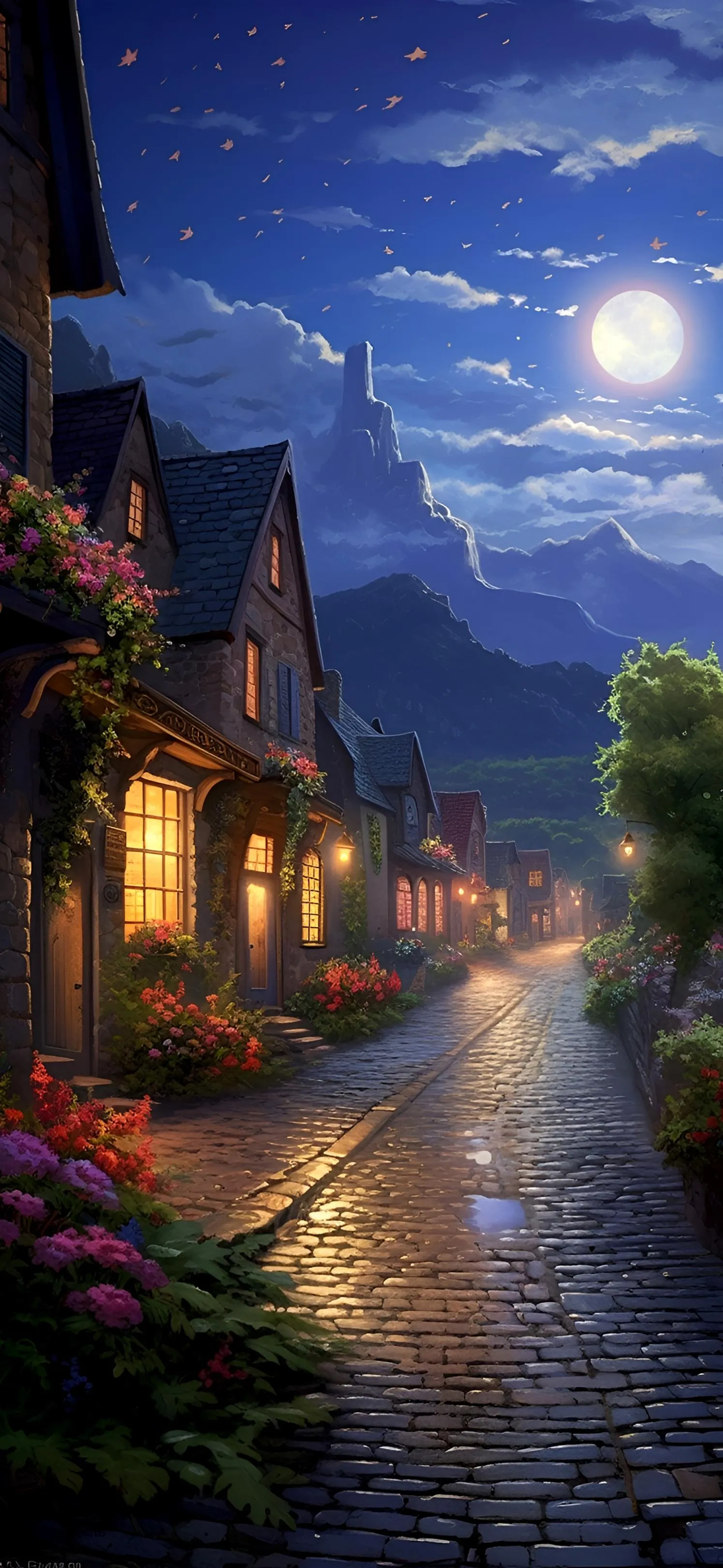 Cozy Street View with Lantern Lights and Stone Pathway