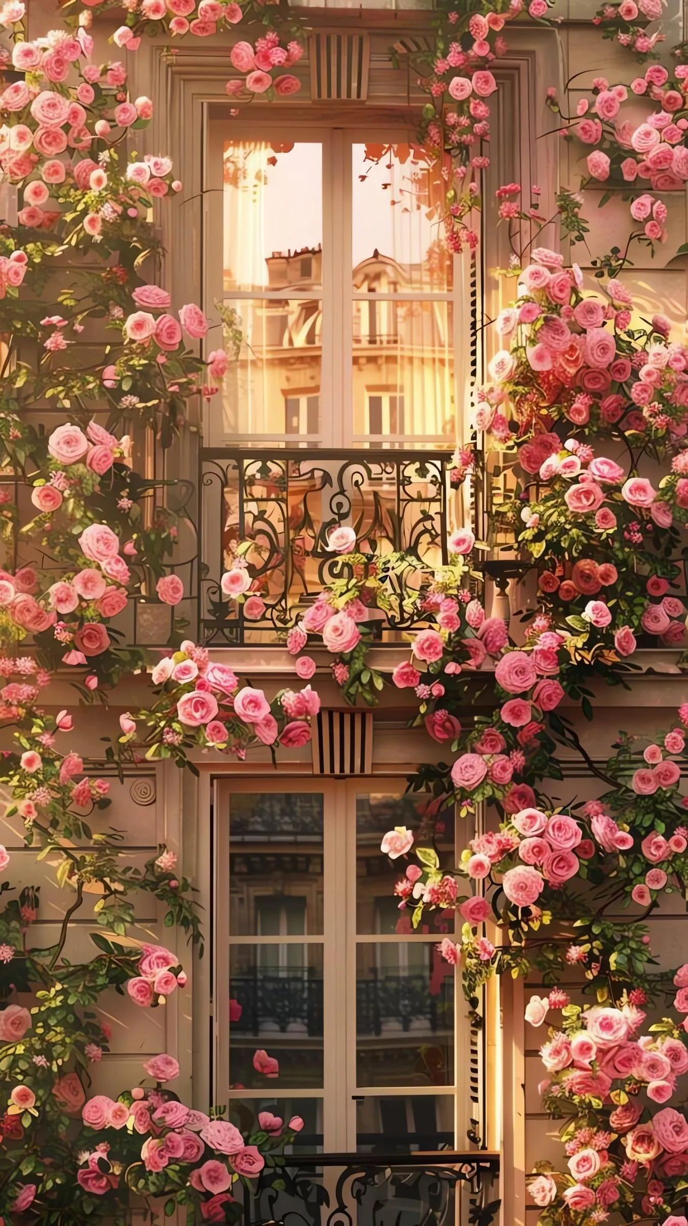 Cozy Window Covered with Pink Flowers and Warm Lights