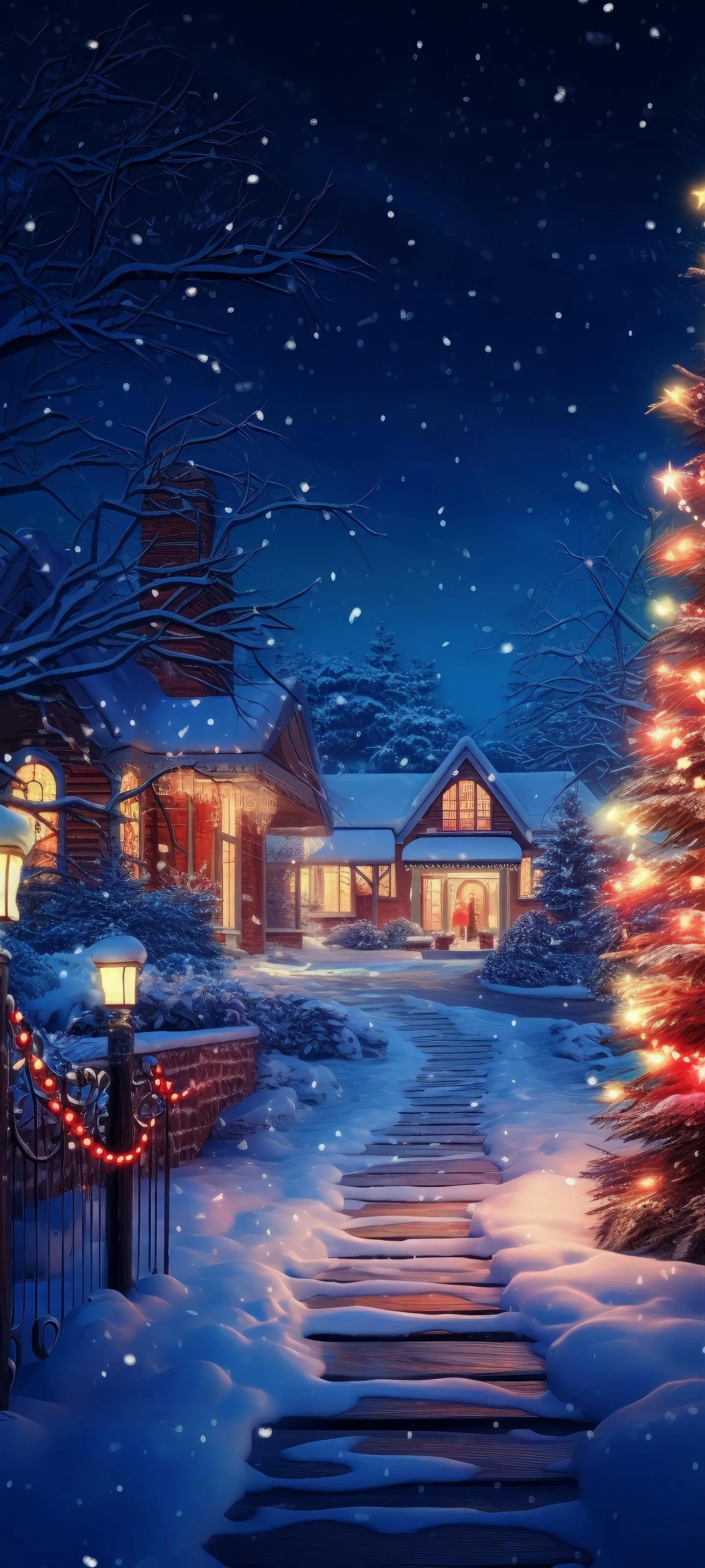 Cozy Winter Town with Lights and Blue Starry Sky Wallpaper