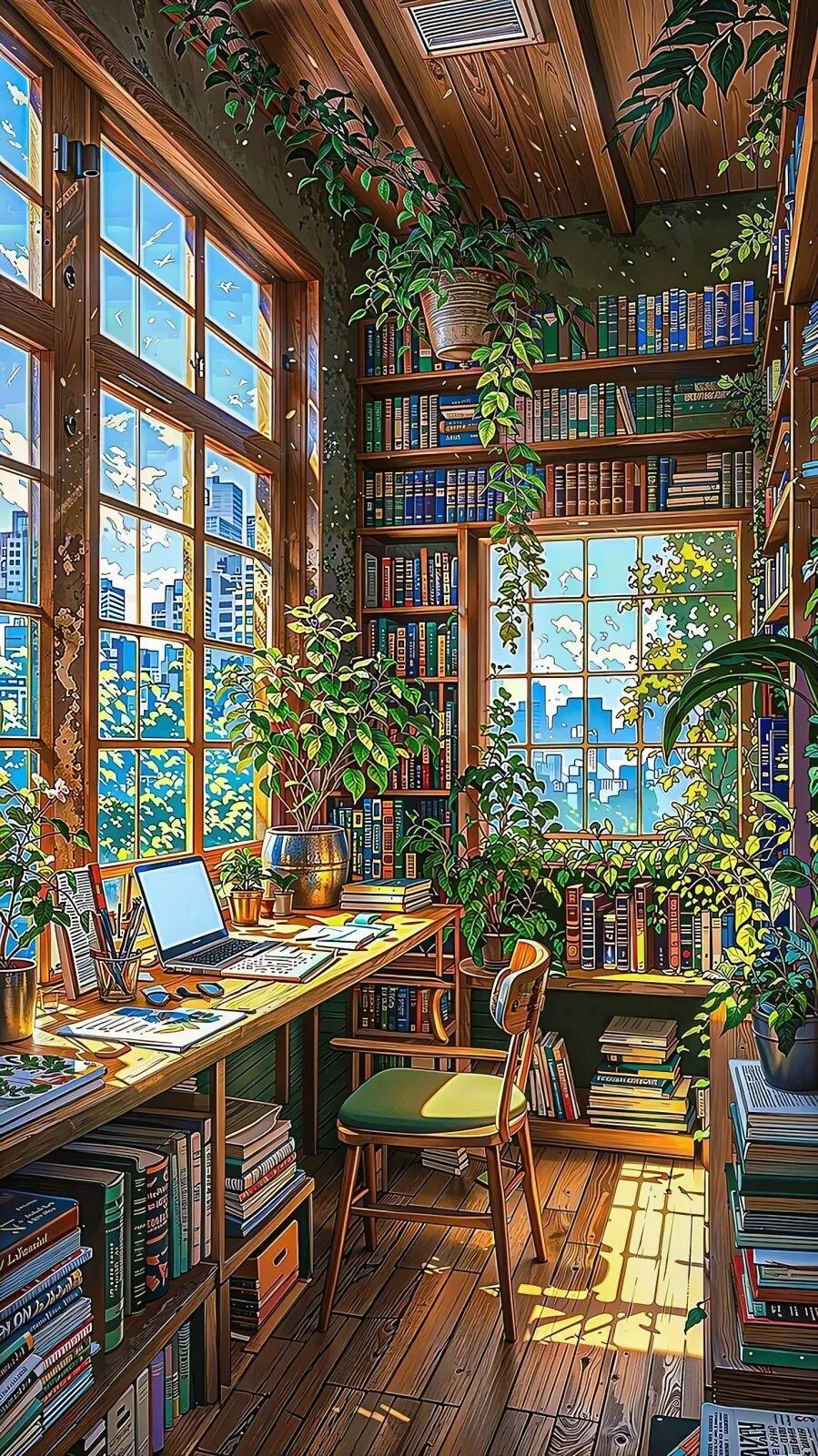 Cozy Wooden Cafe Interior with Books and Plants Wallpaper