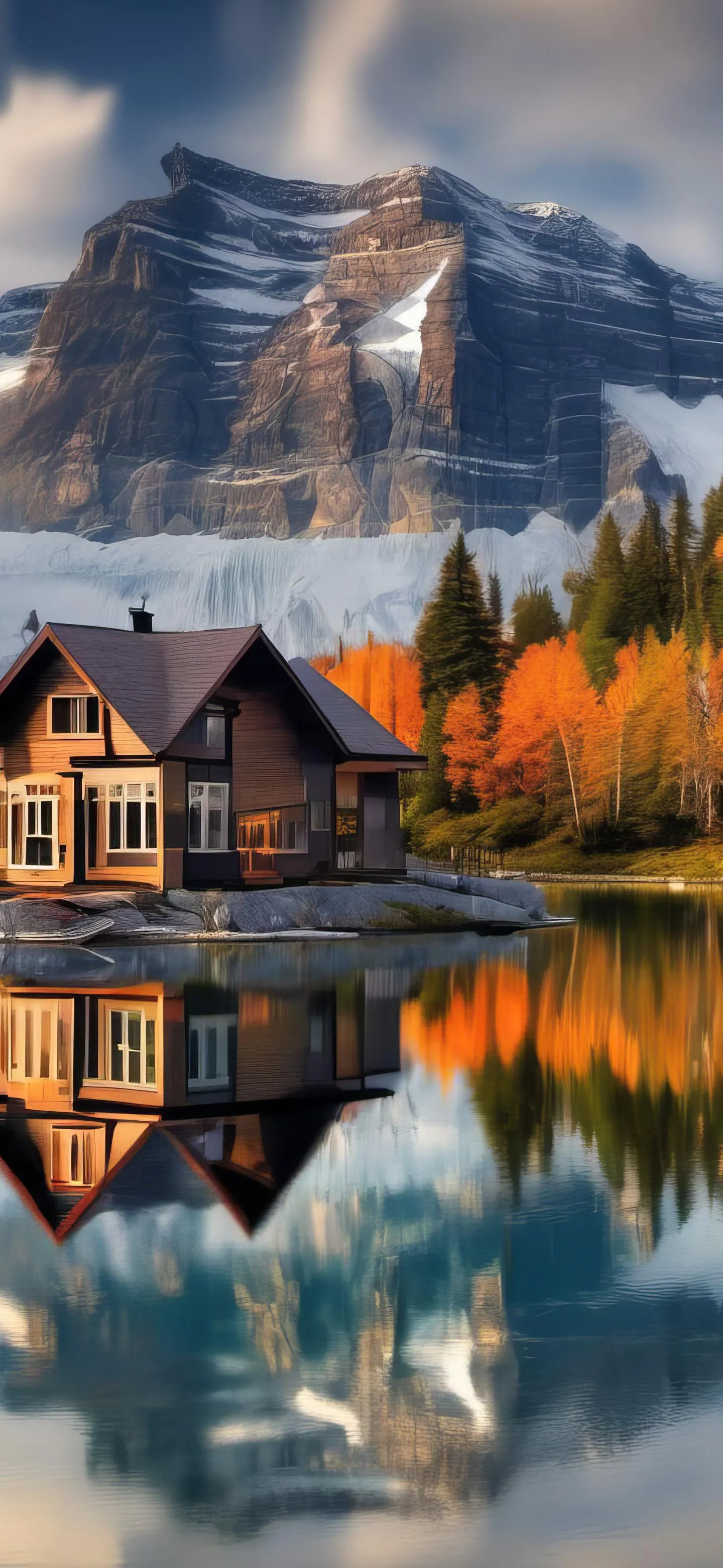 Cozy wooden house by the lake during autumn Wallpaper