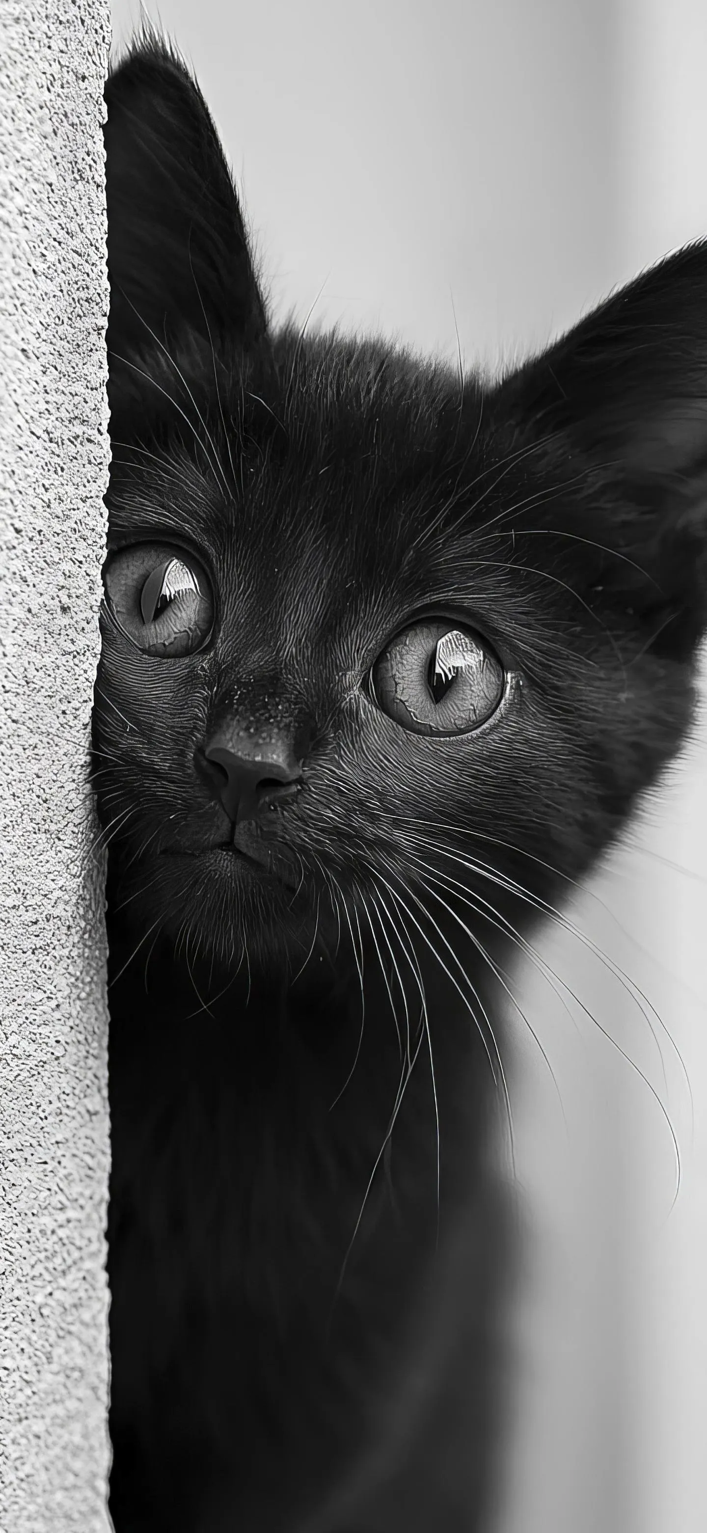 Cute Black Cat in Monochrome with Curious Wide Eyes