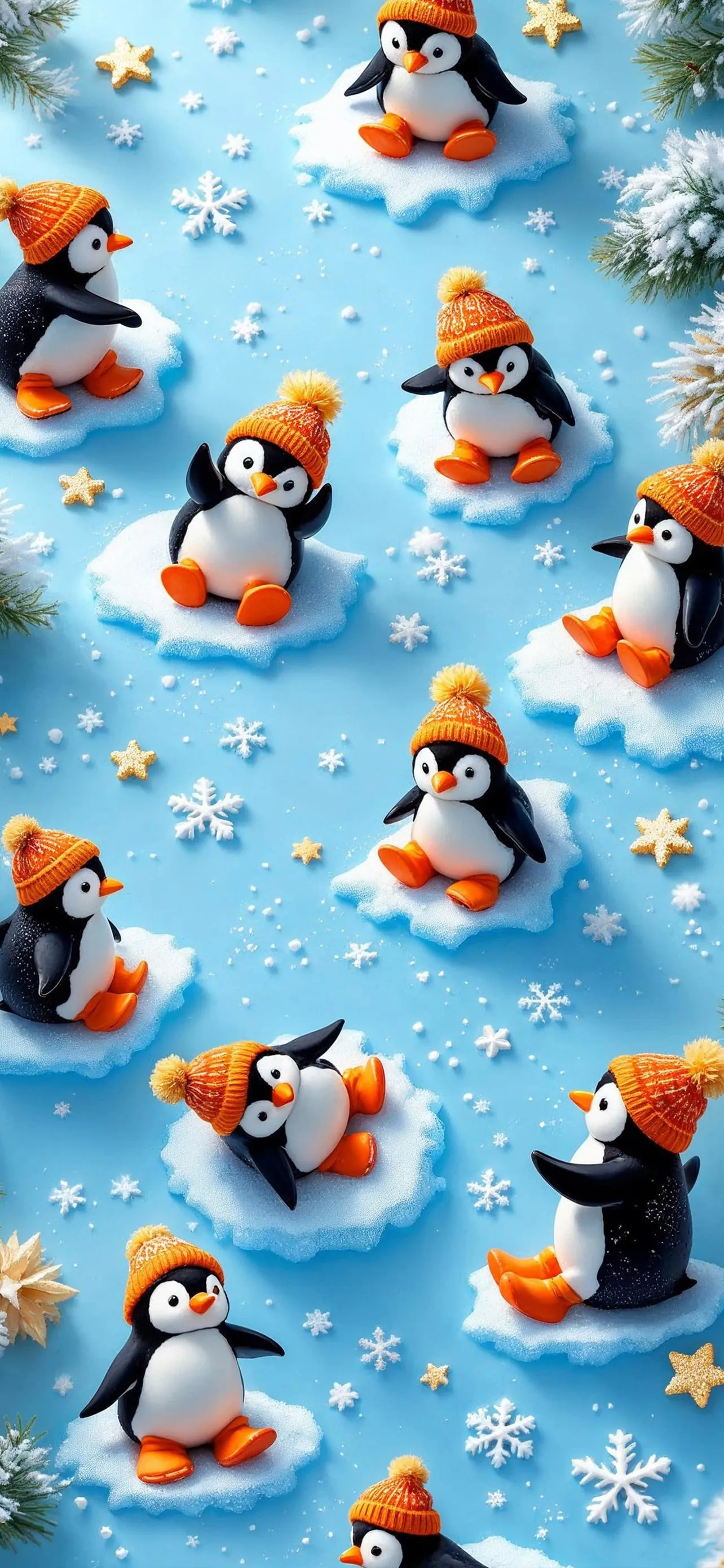 Cute Cartoon Penguins on Blue Background Seamless Art