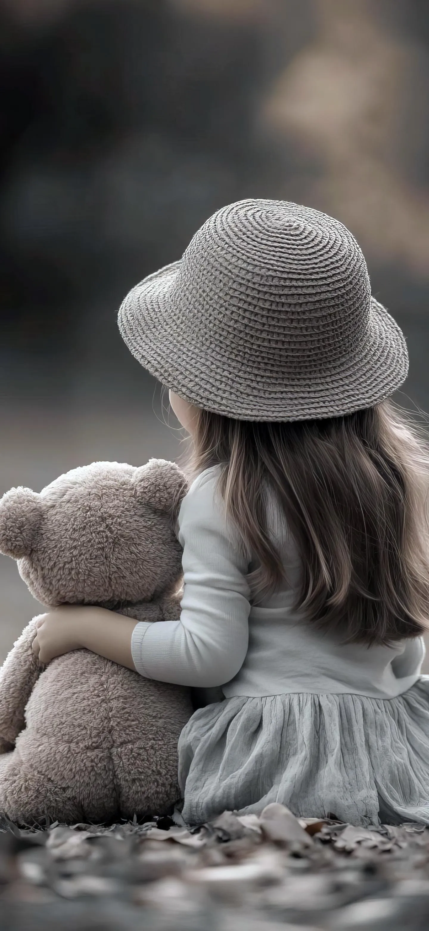 Cute Girl in Hat Sitting Alone with Teddy Bear Wallpaper