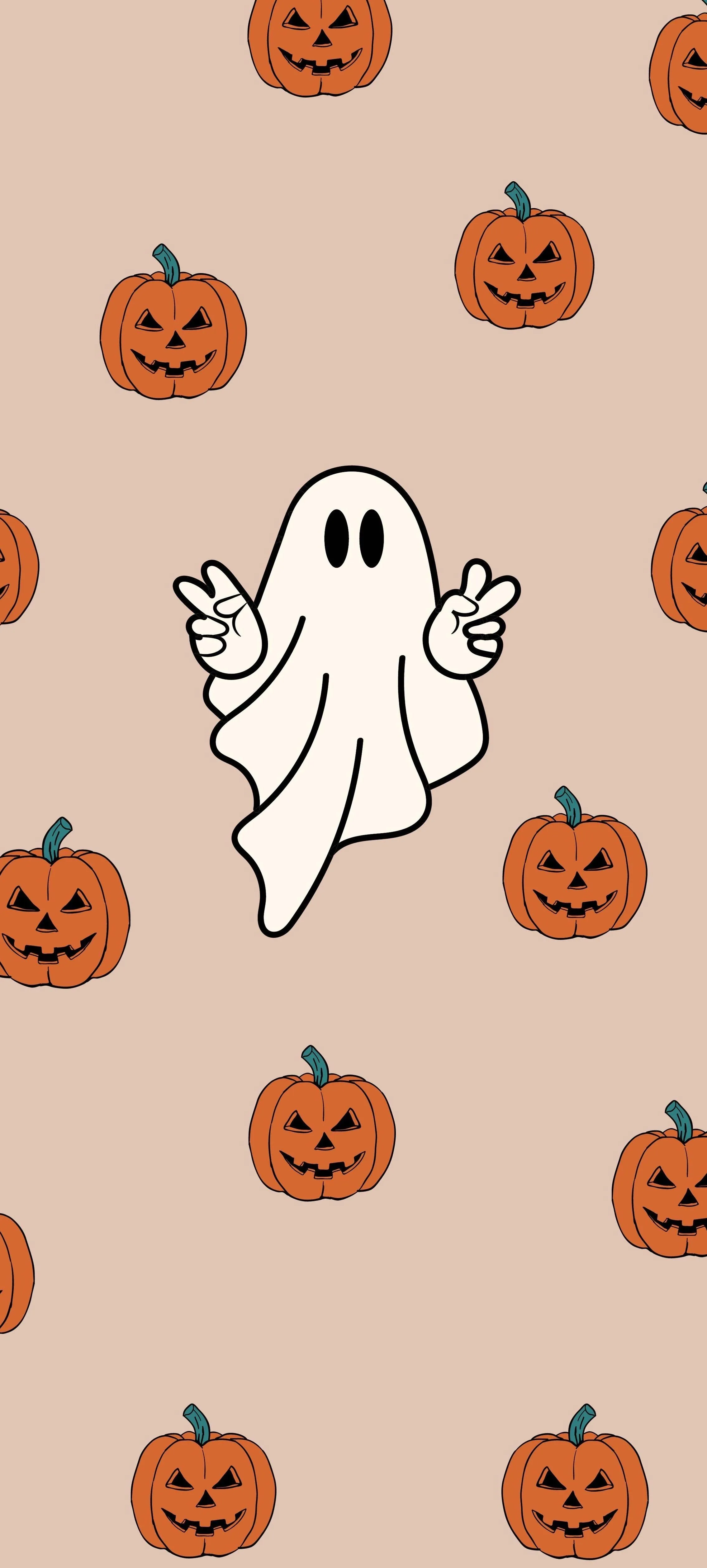 Cute Halloween Ghost with Orange Pumpkin Background