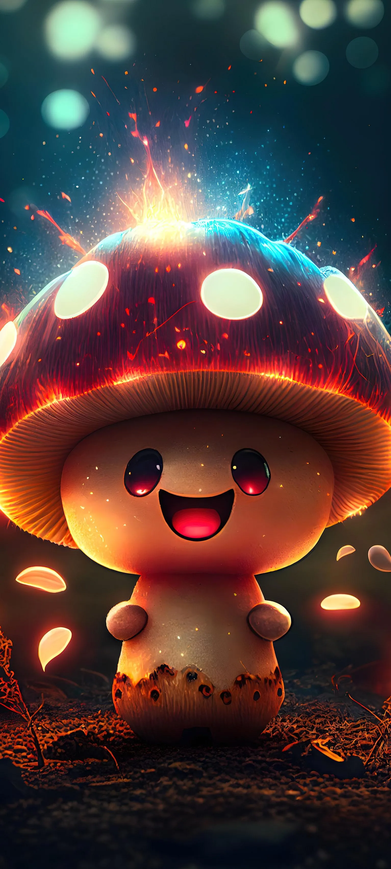 Cute Mushroom Character Smiling in Colorful Magical Forest
