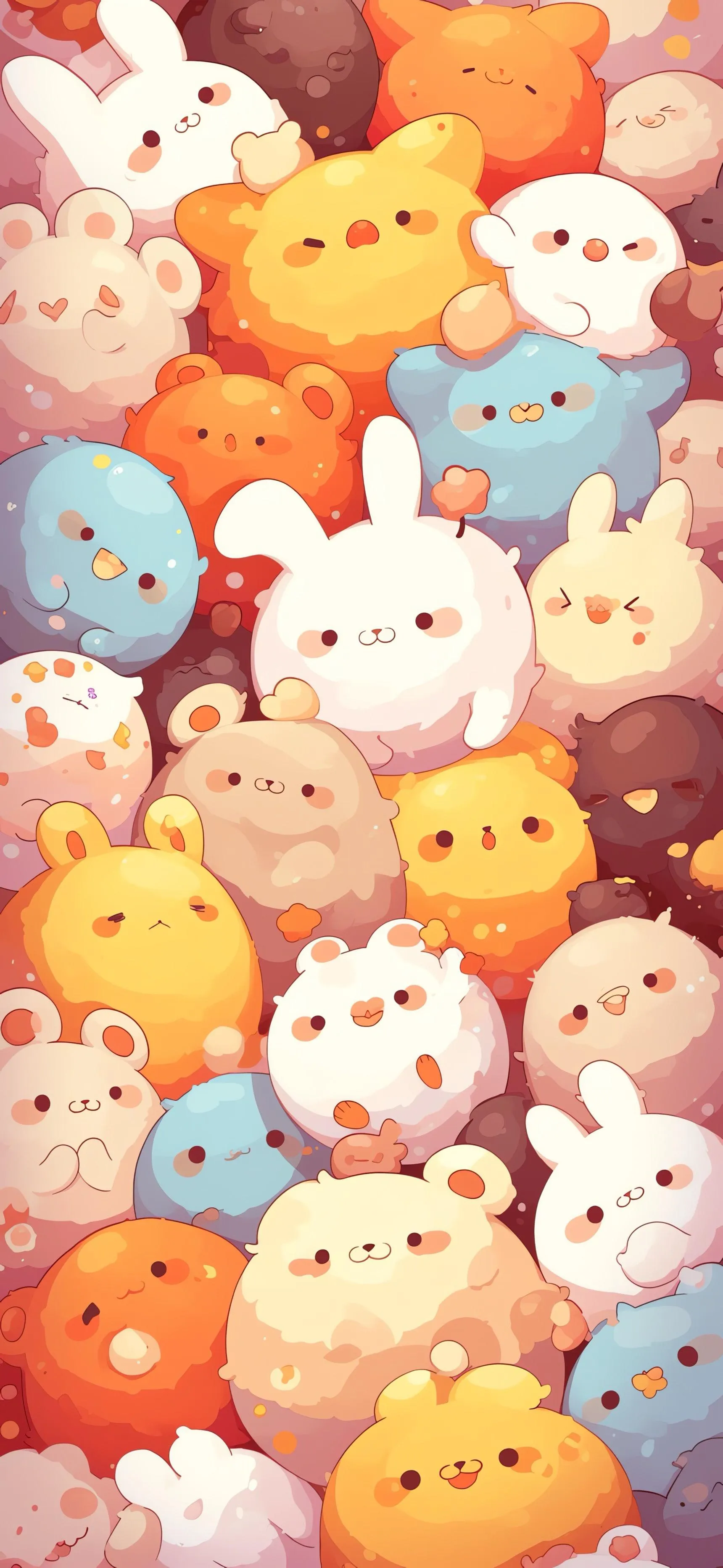 Cute Pastel Cartoon Faces Arranged in Colorful Rows