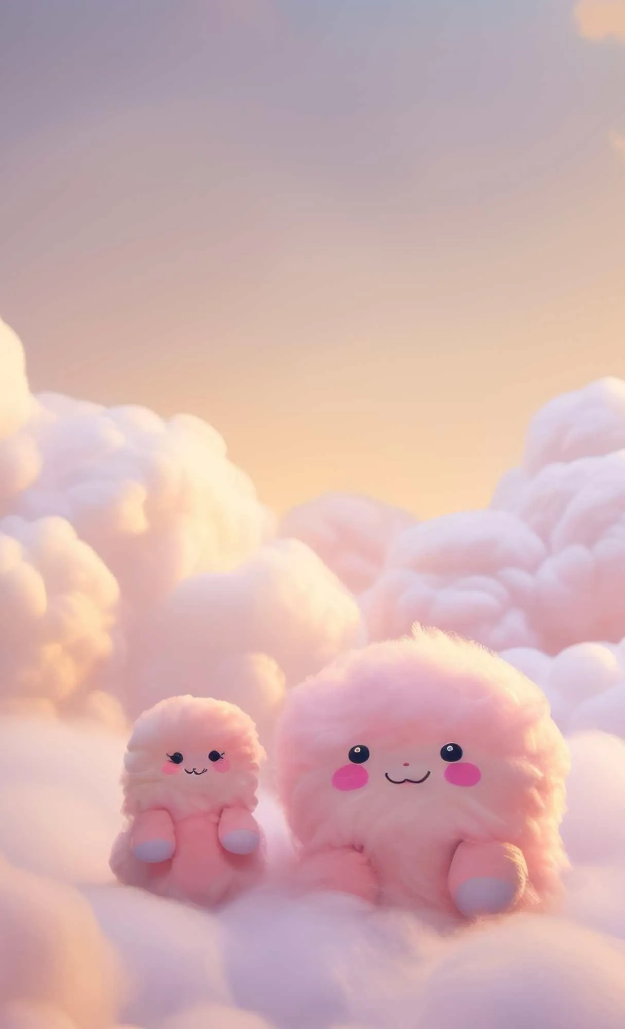Cute pastel pink clouds with plush toy creatures Wallpaper