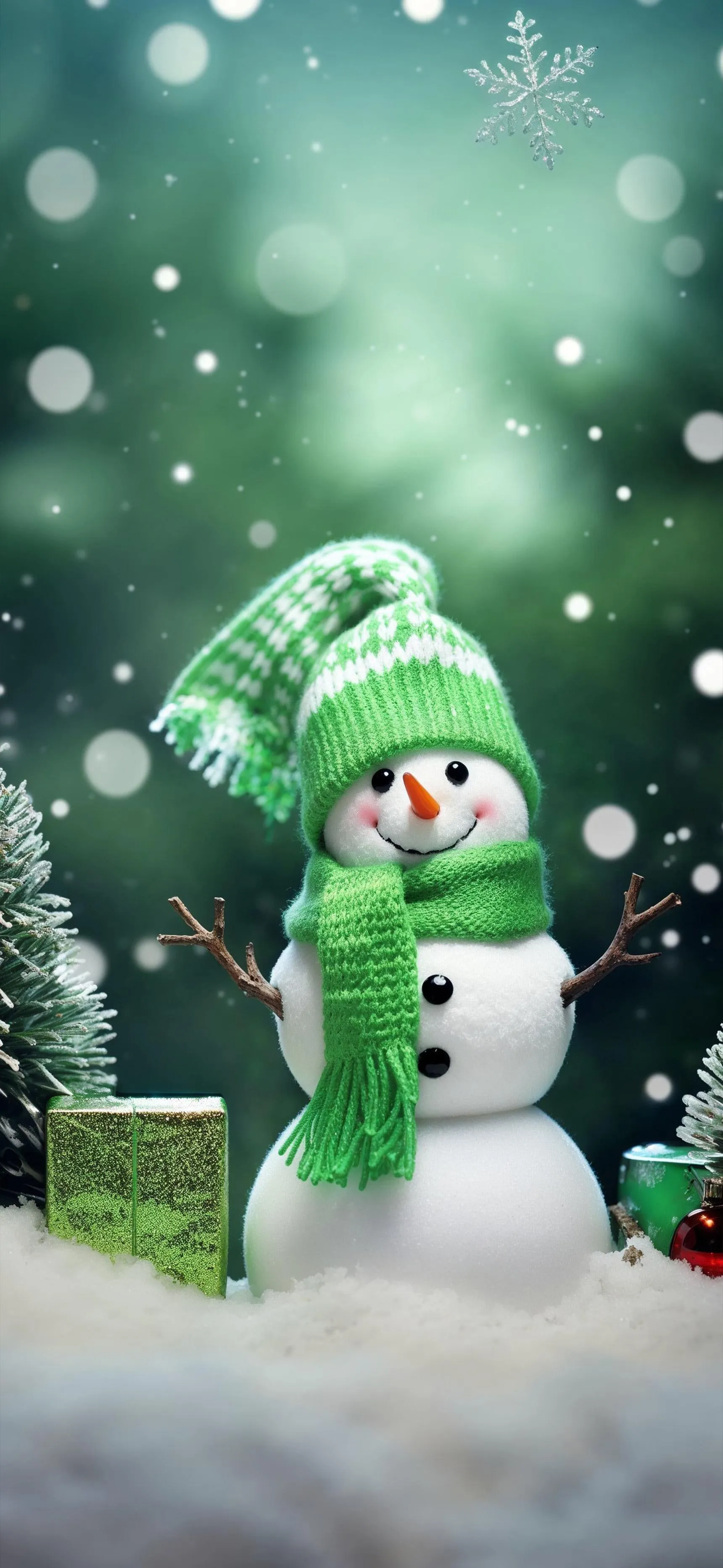 Cute Snowman in Green Hat with Christmas Lights Wallpaper