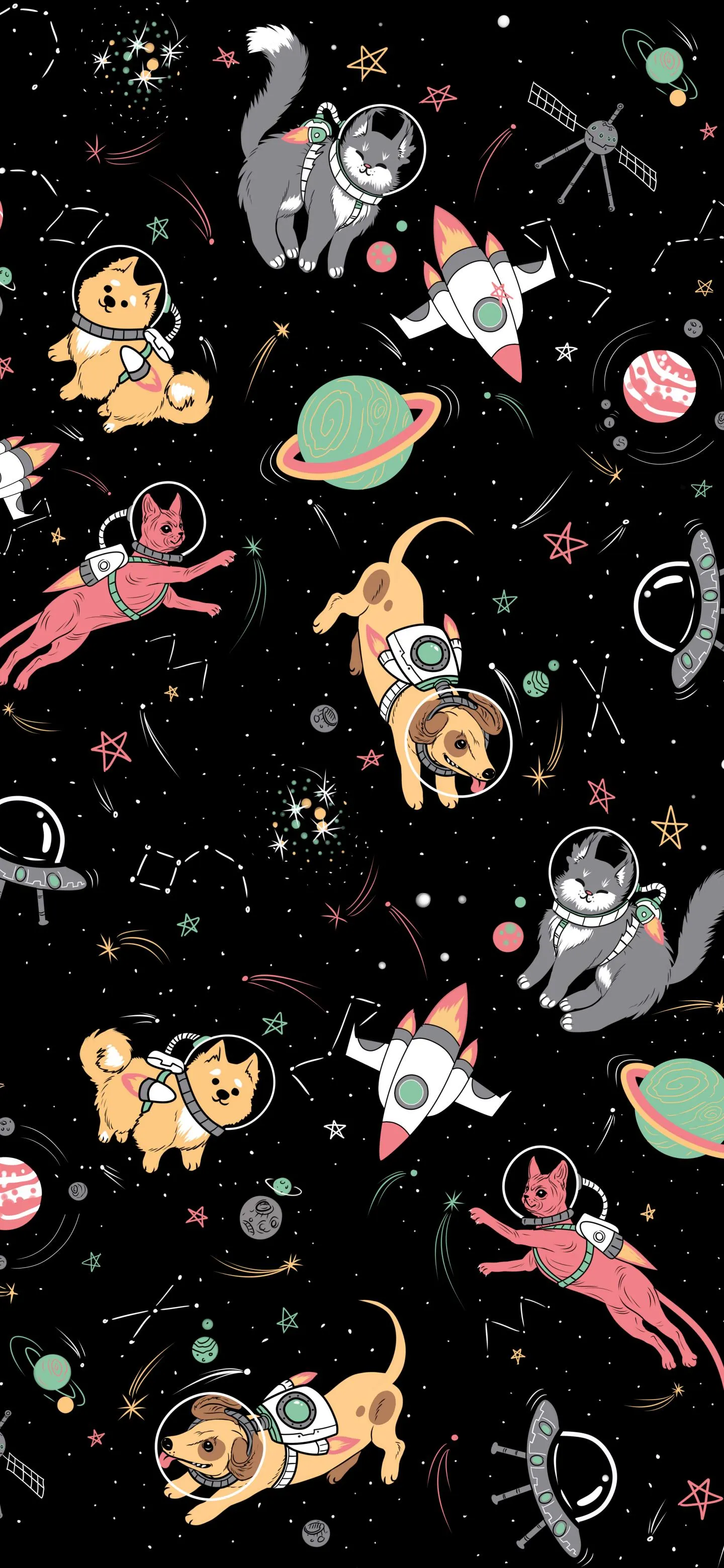 Cute Space Animal Characters Pattern on Black Wallpaper