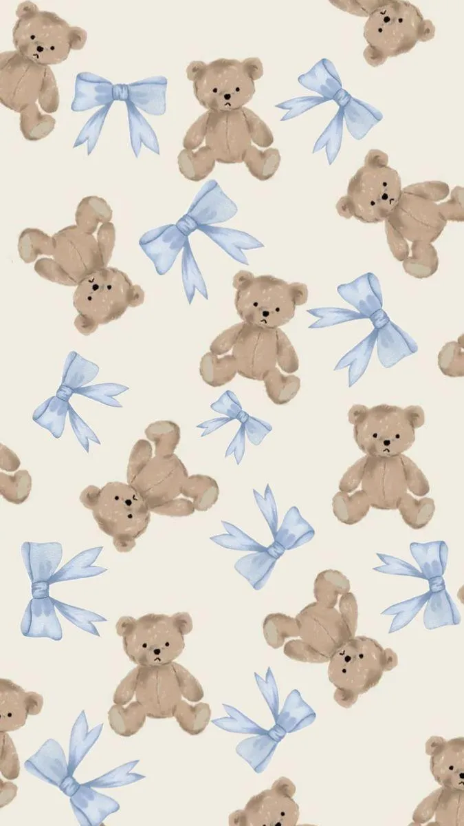 Cute teddy bear pattern with blue bows on cream background