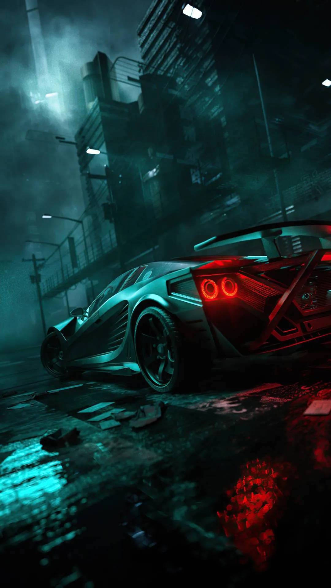 Cyberpunk car in futuristic rainy city street at night image