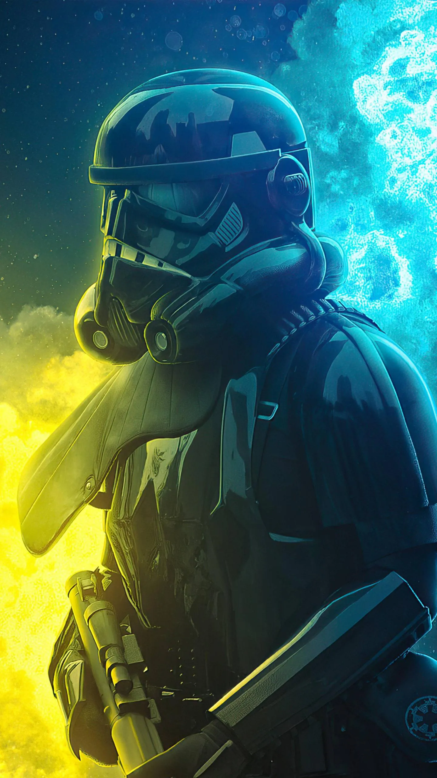 Cyberpunk Soldier in Neon Blue and Yellow Glow Wallpaper