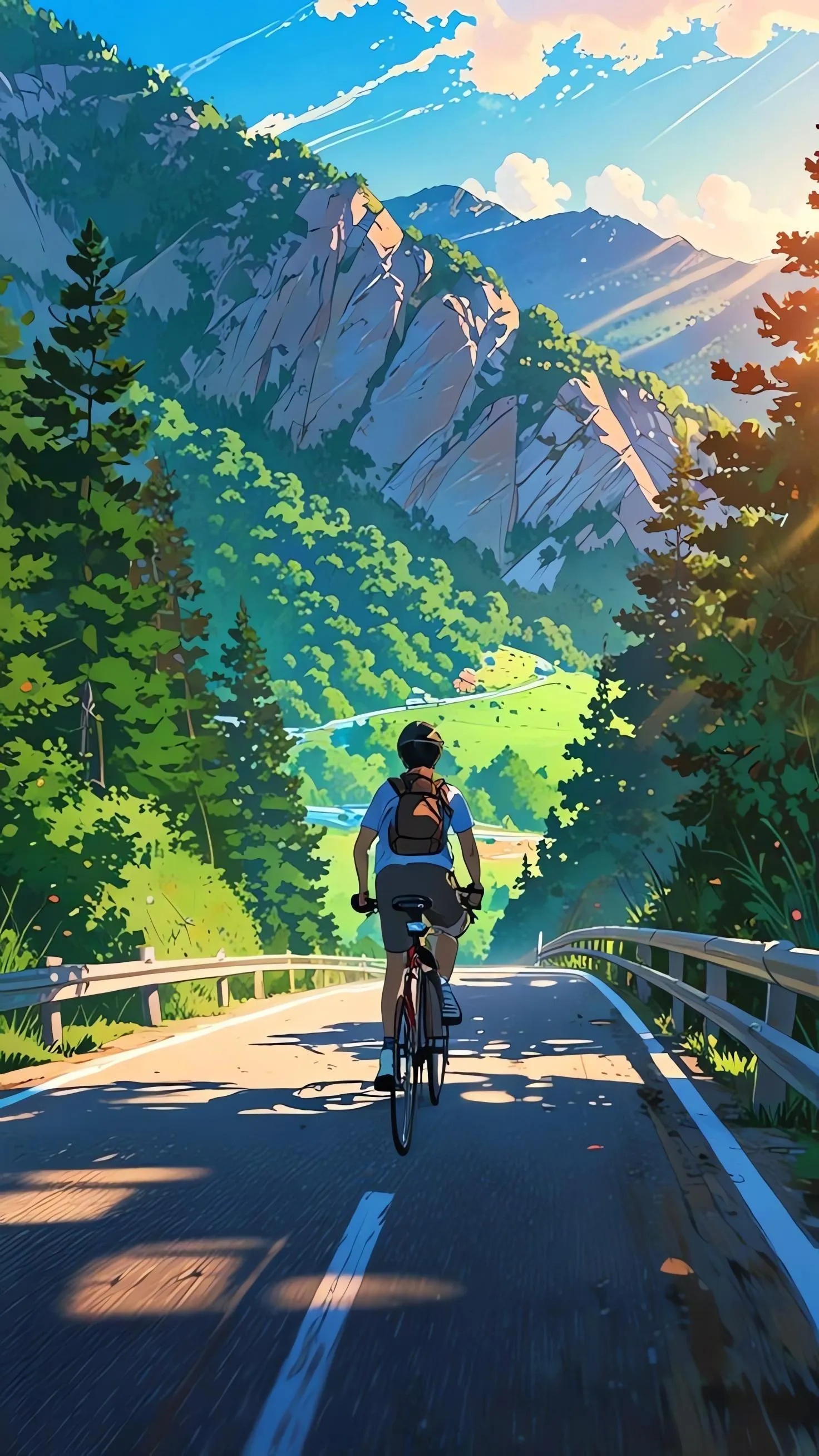 Cyclist Riding on Mountain Road Surrounded by Nature