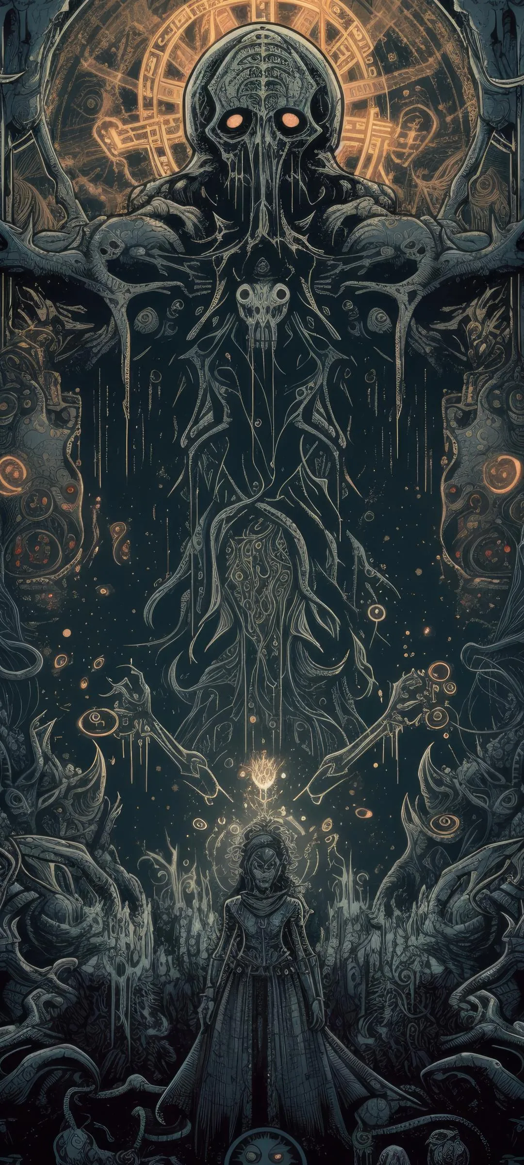 Dark Fantasy Scene with Mystical Creature in Ancient Ruins