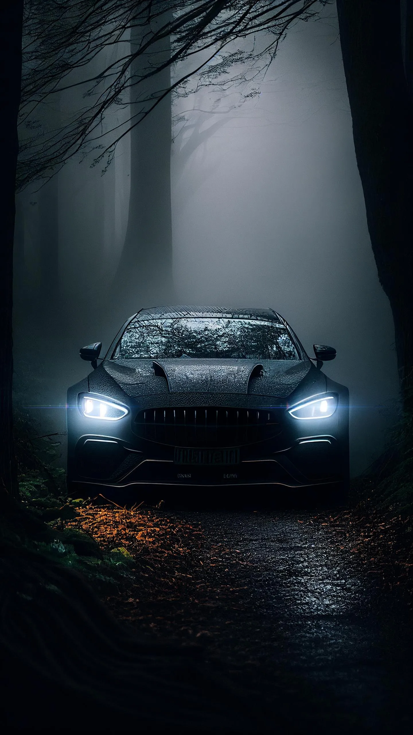 Dark Forest Road with Headlights Car Aesthetic Wallpaper