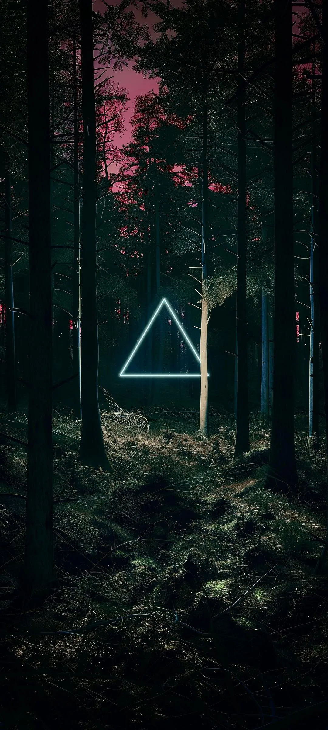 Dark Forest Scene with Neon Triangle Digital Art image