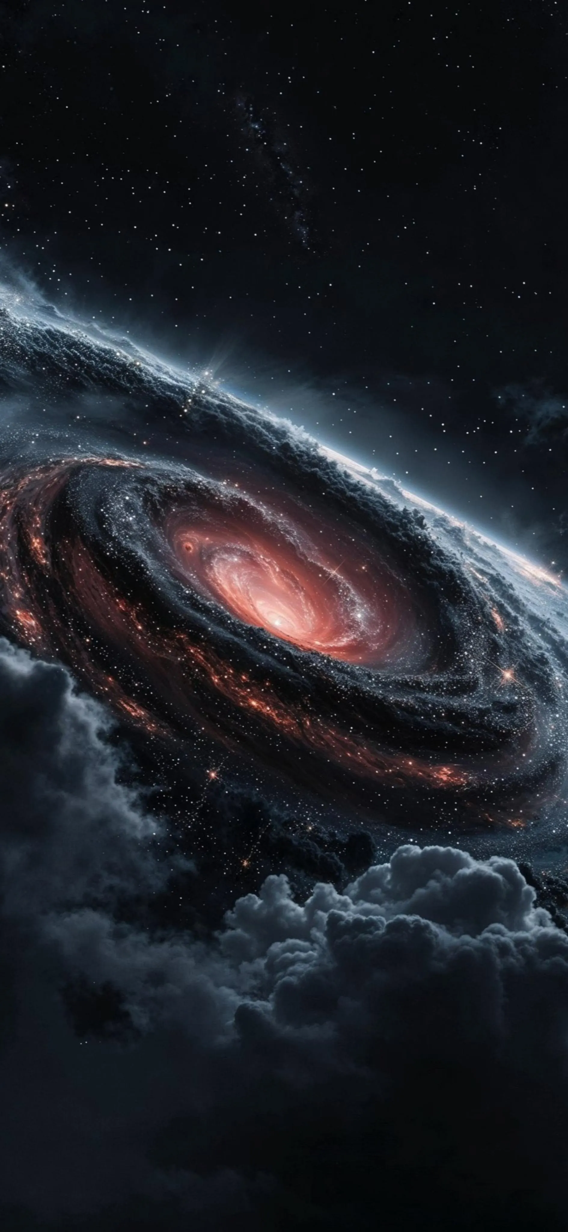 Dark Galaxy with Spiral Arms and Glowing Red Center