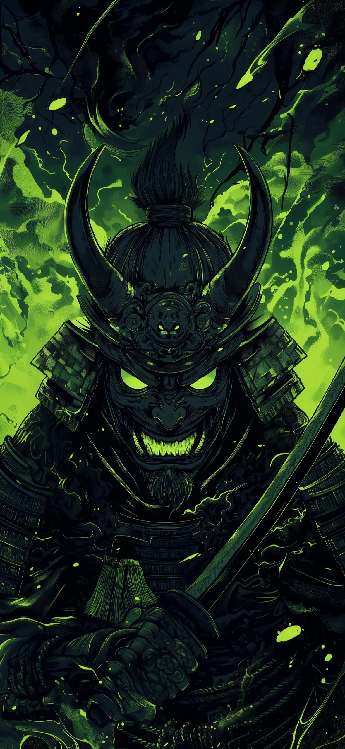 Dark Green Demonic Figure with Glowing Eyes and Horns Mobile