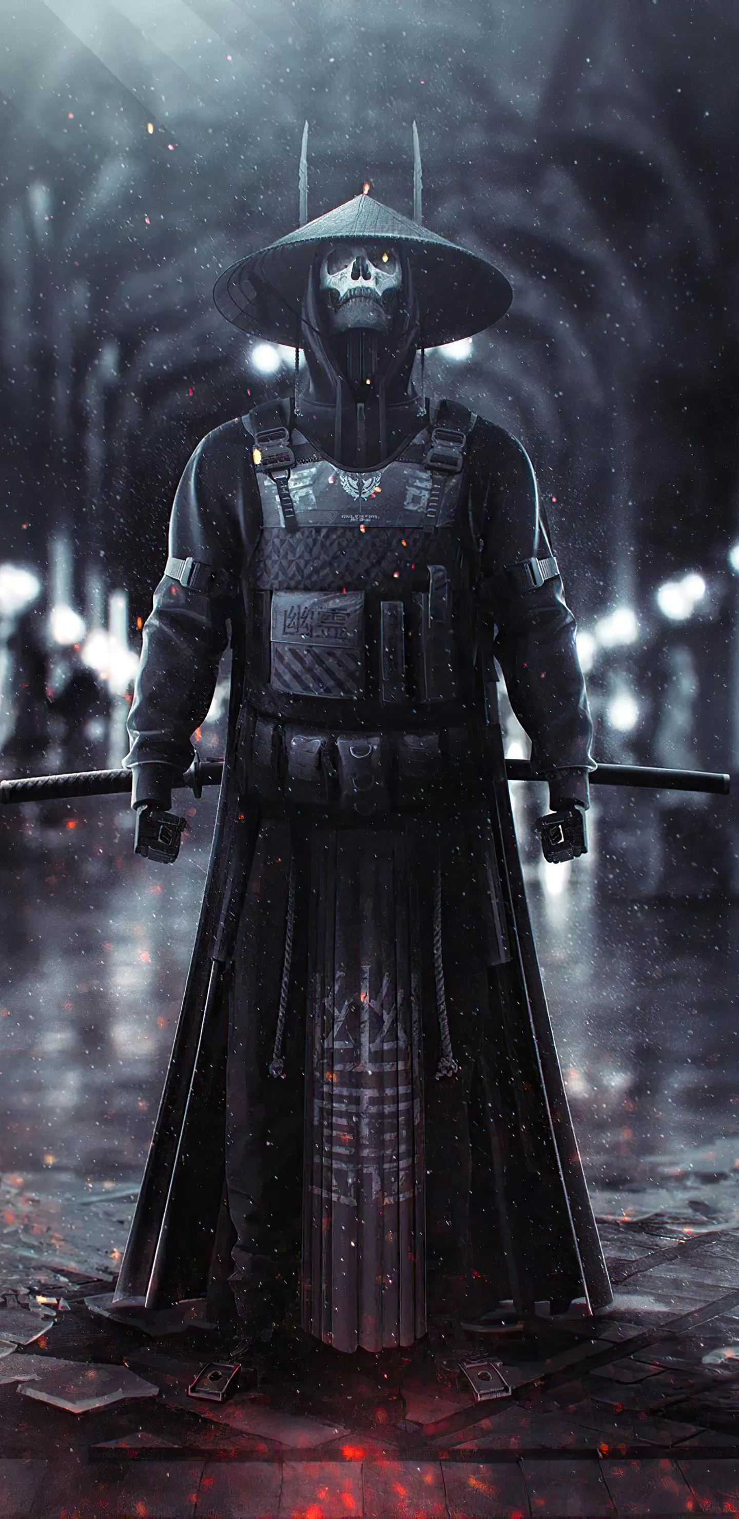 Dark Knight Character in Red Light with Foggy Background