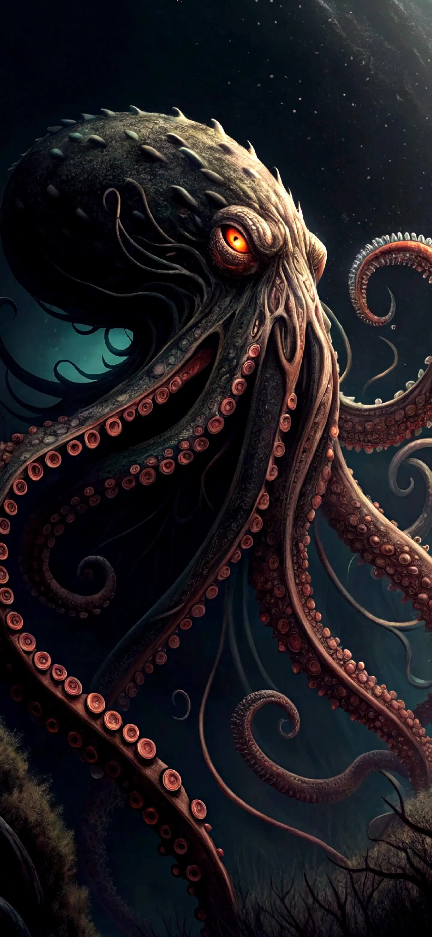 Dark Octopus Tentacles Wrapped Around in Deep Ocean Scene