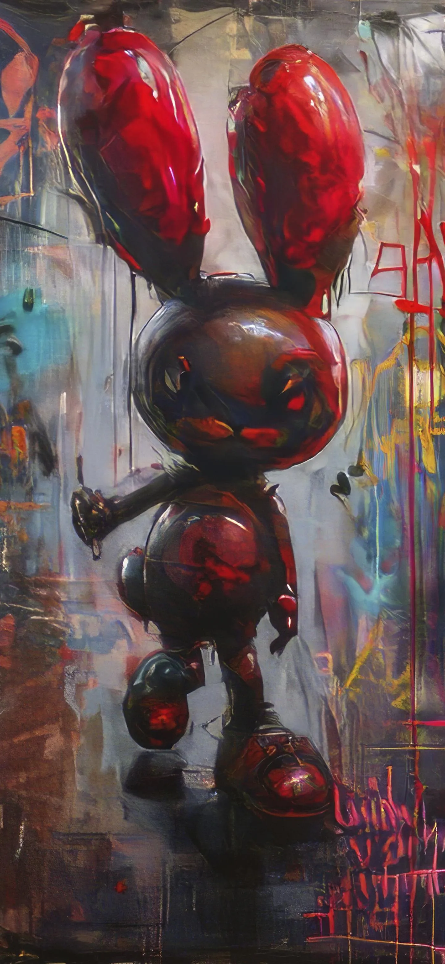 Dark Urban Bunny with Red Ears and Street Art Vibe