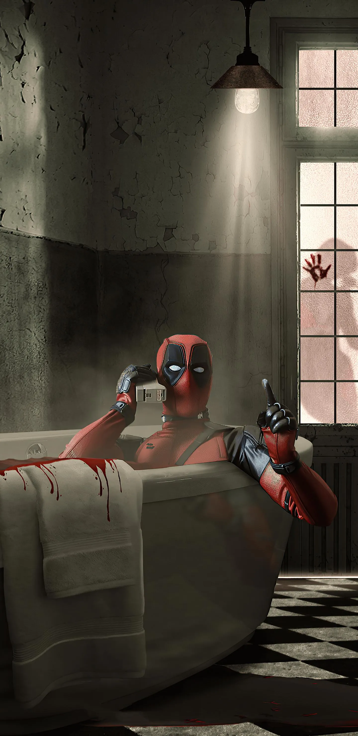 Deadpool Relaxing in Bathtub with Dark Shadow Wallpaper